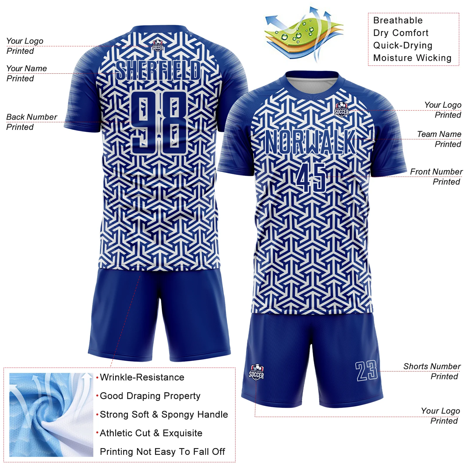Custom Royal White Geometric Arrow Sublimation Soccer Uniform Jersey - Image 4
