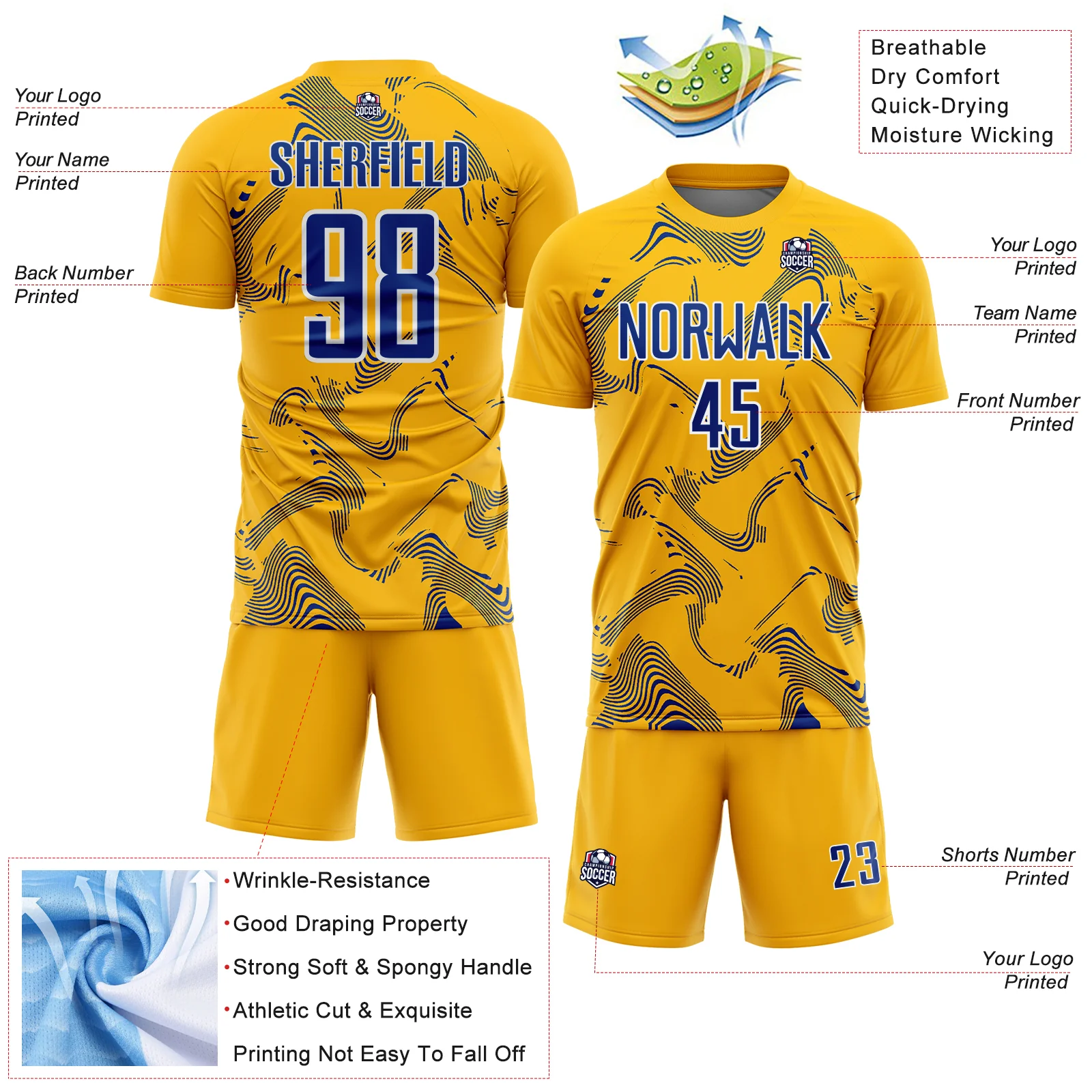Custom Gold Royal-White Curve Lines Sports Sublimation Soccer Uniform Jersey - Image 4
