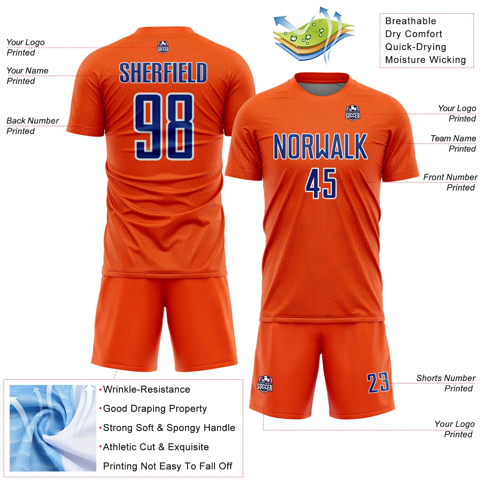Custom Orange Royal-White Geometric Shape Sports Sublimation Soccer Uniform Jersey - Image 4
