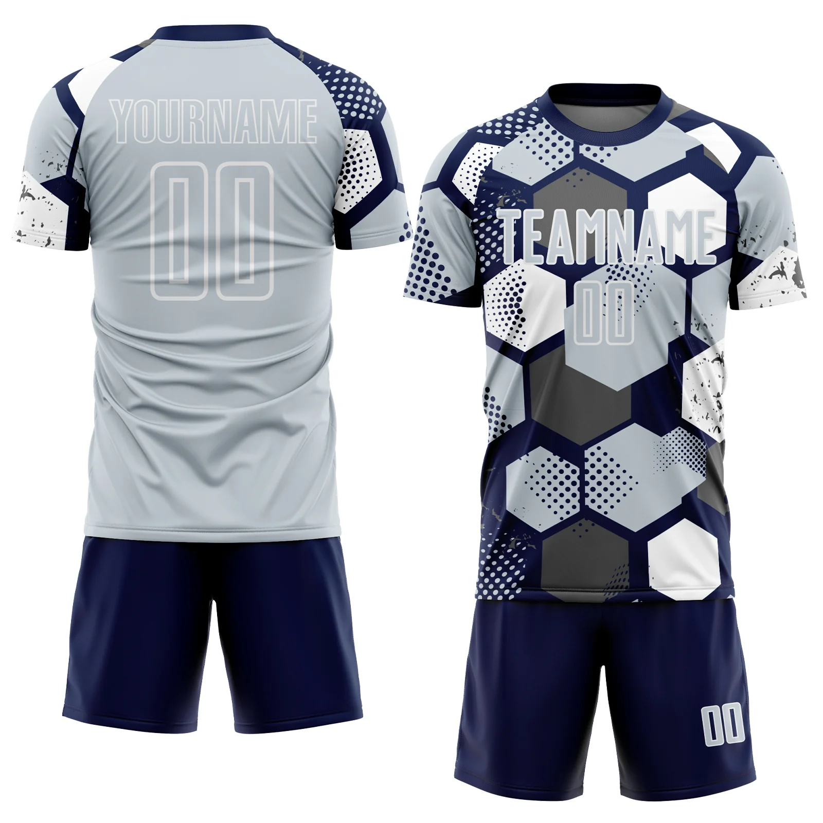 Custom Navy Silver-White Geometric Shape Sublimation Soccer Uniform Jersey - Image 2