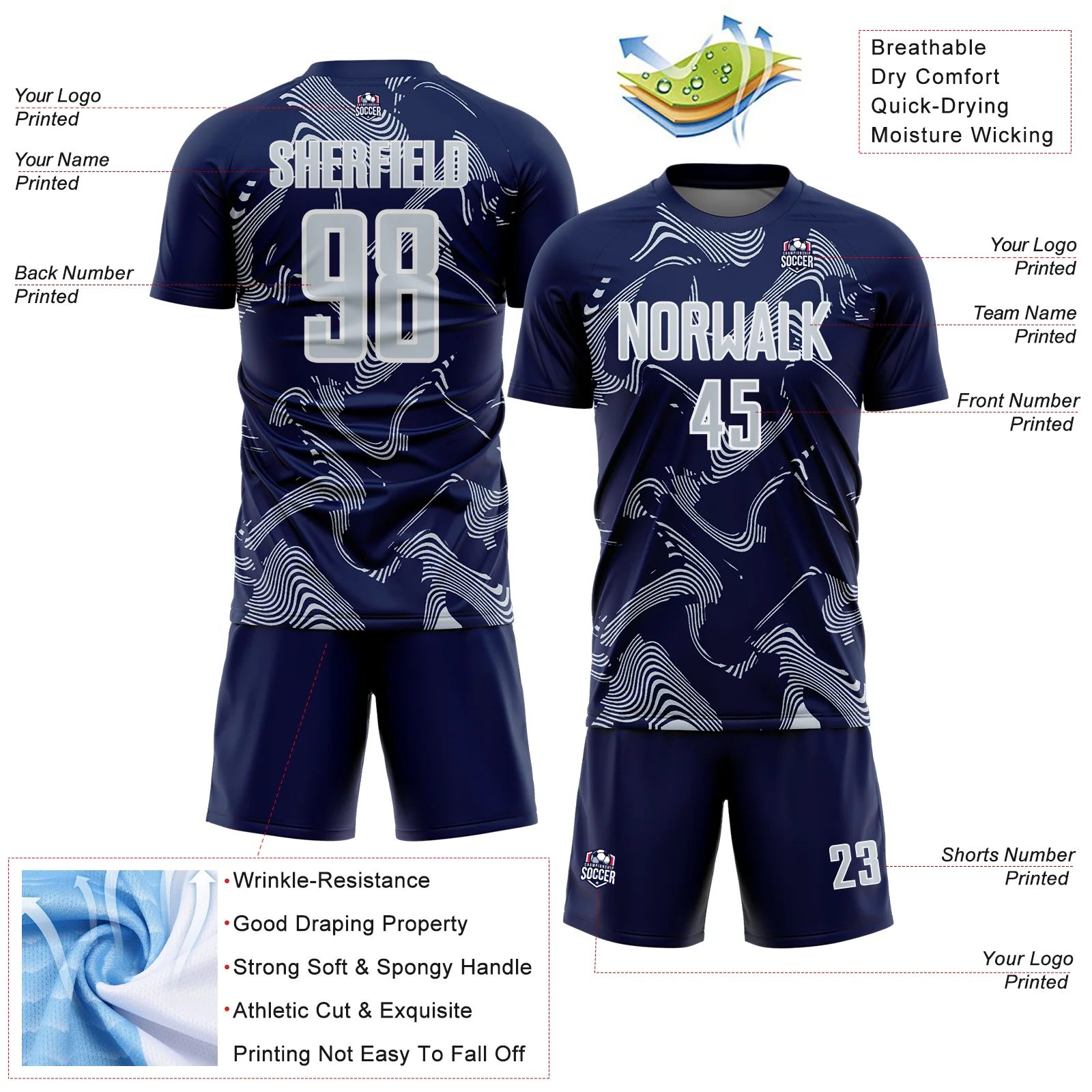 Custom Navy Silver-White Curve Lines Sports Sublimation Soccer Uniform Jersey - Image 4