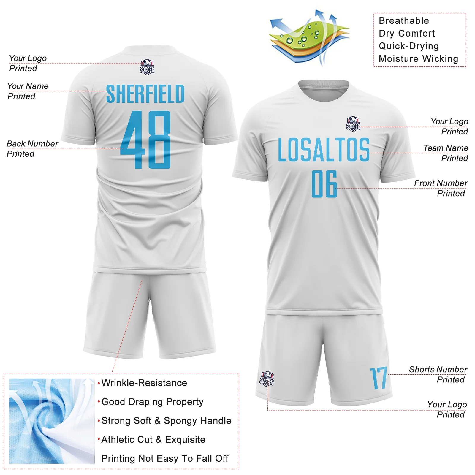 Custom White Sky Blue Sublimation Soccer Uniform Jersey - Image 4