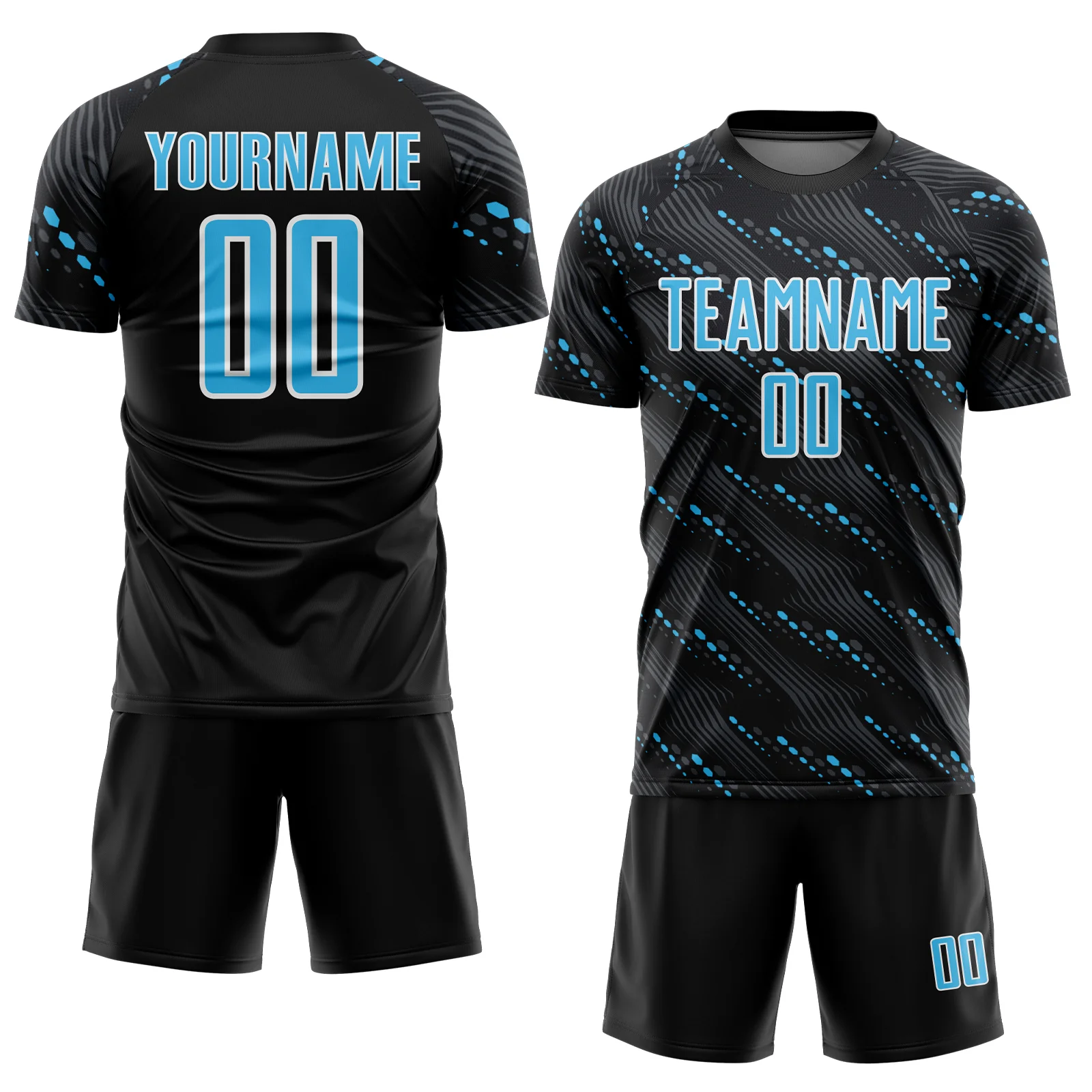 Custom Black Sky Blue-White Slant Lines Sports Sublimation Soccer Uniform Jersey - Image 2