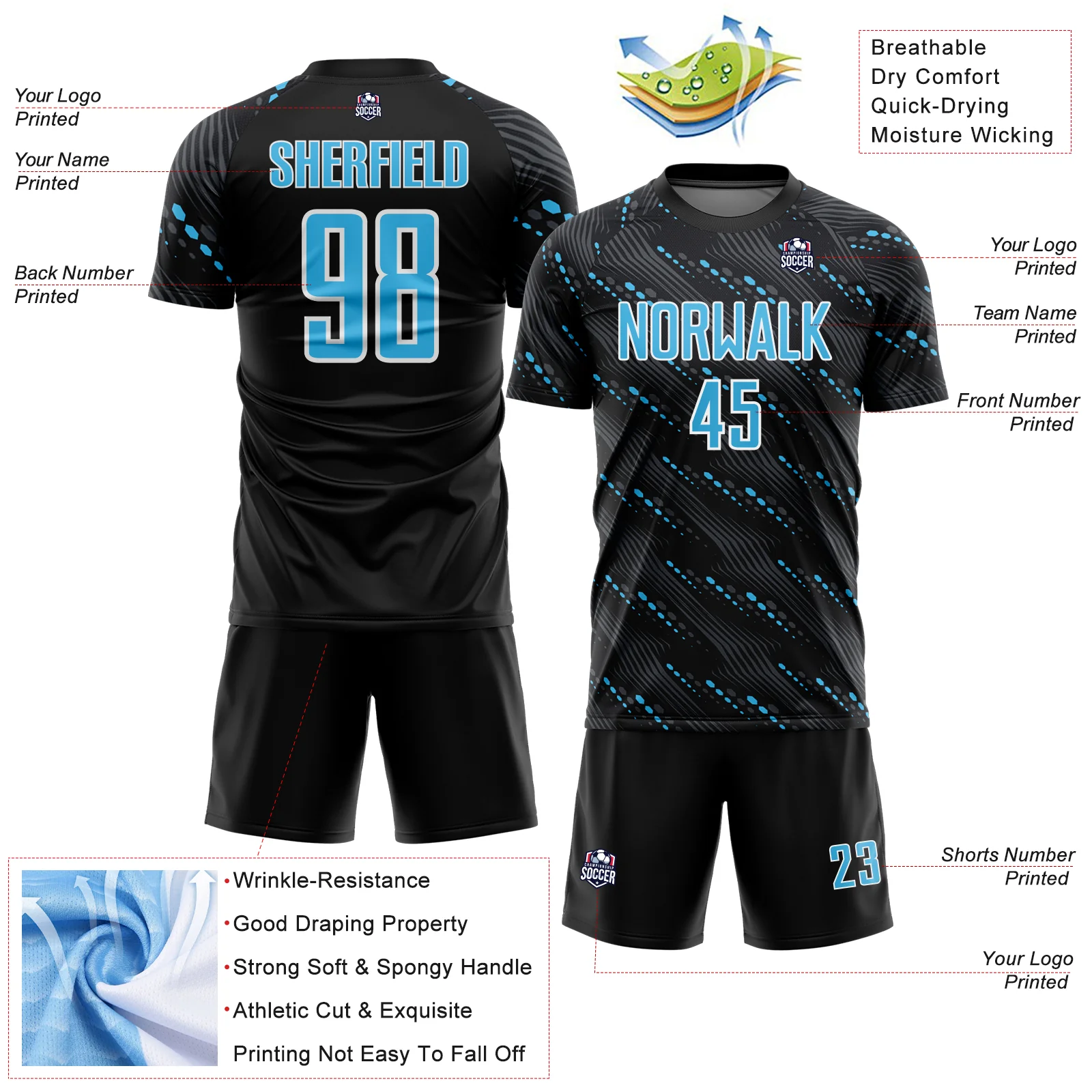 Custom Black Sky Blue-White Slant Lines Sports Sublimation Soccer Uniform Jersey - Image 4