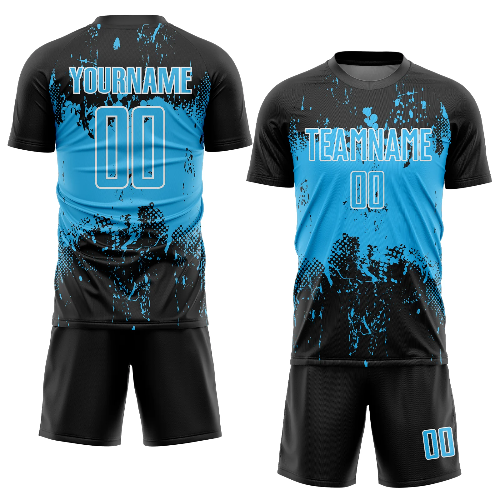 Custom Black Sky Blue-White Abstract Splatter Grunge Art Sports Sublimation Soccer Uniform Jersey - Image 2