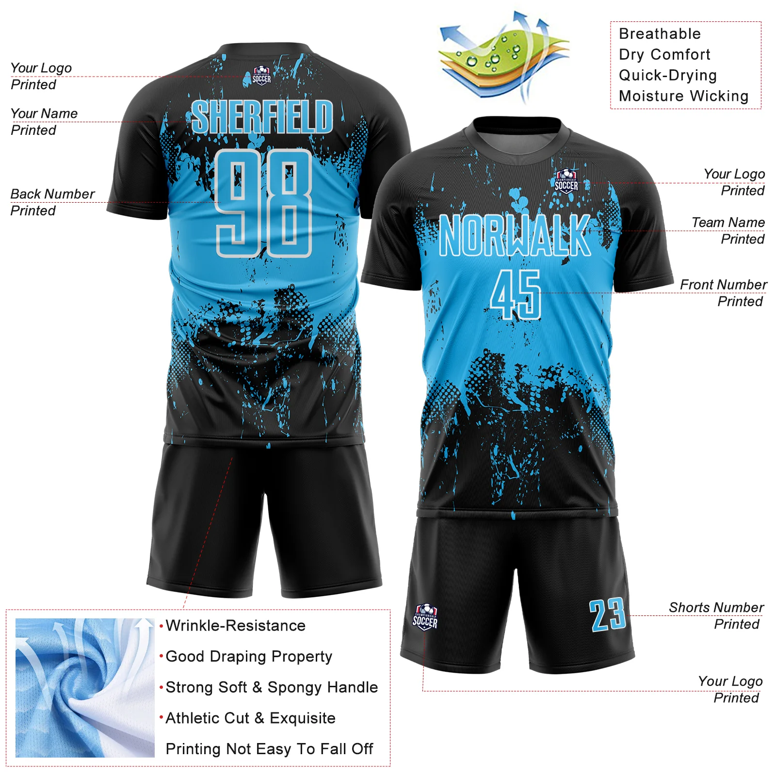 Custom Black Sky Blue-White Abstract Splatter Grunge Art Sports Sublimation Soccer Uniform Jersey - Image 4