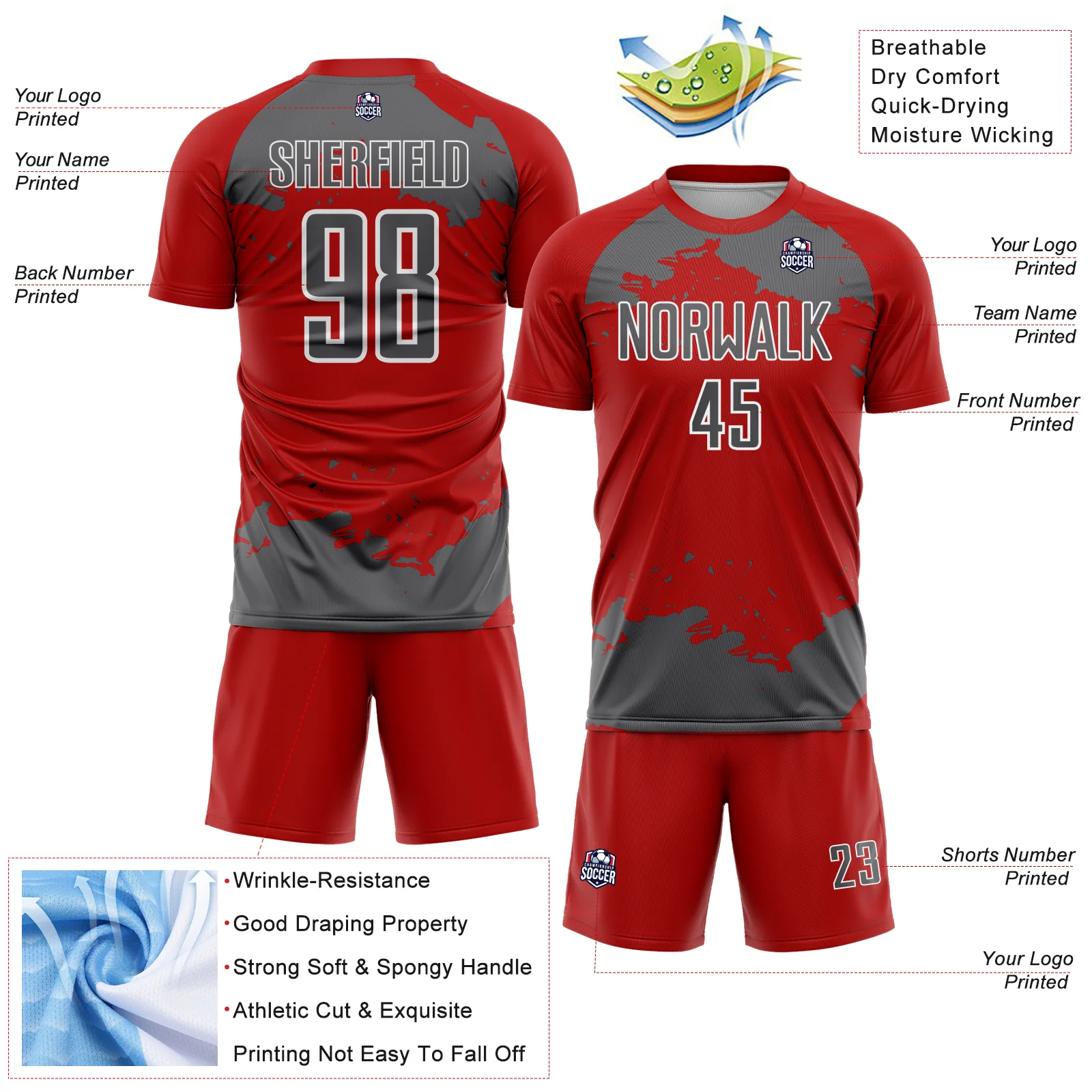 Custom Red Steel Gray-White Abstract Fragment Art Sublimation Soccer Uniform Jersey - Image 4