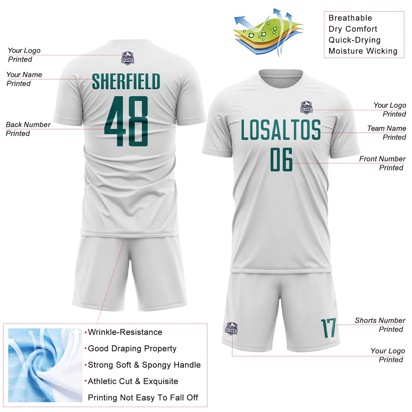 Custom White Teal Sublimation Soccer Uniform Jersey - Image 4