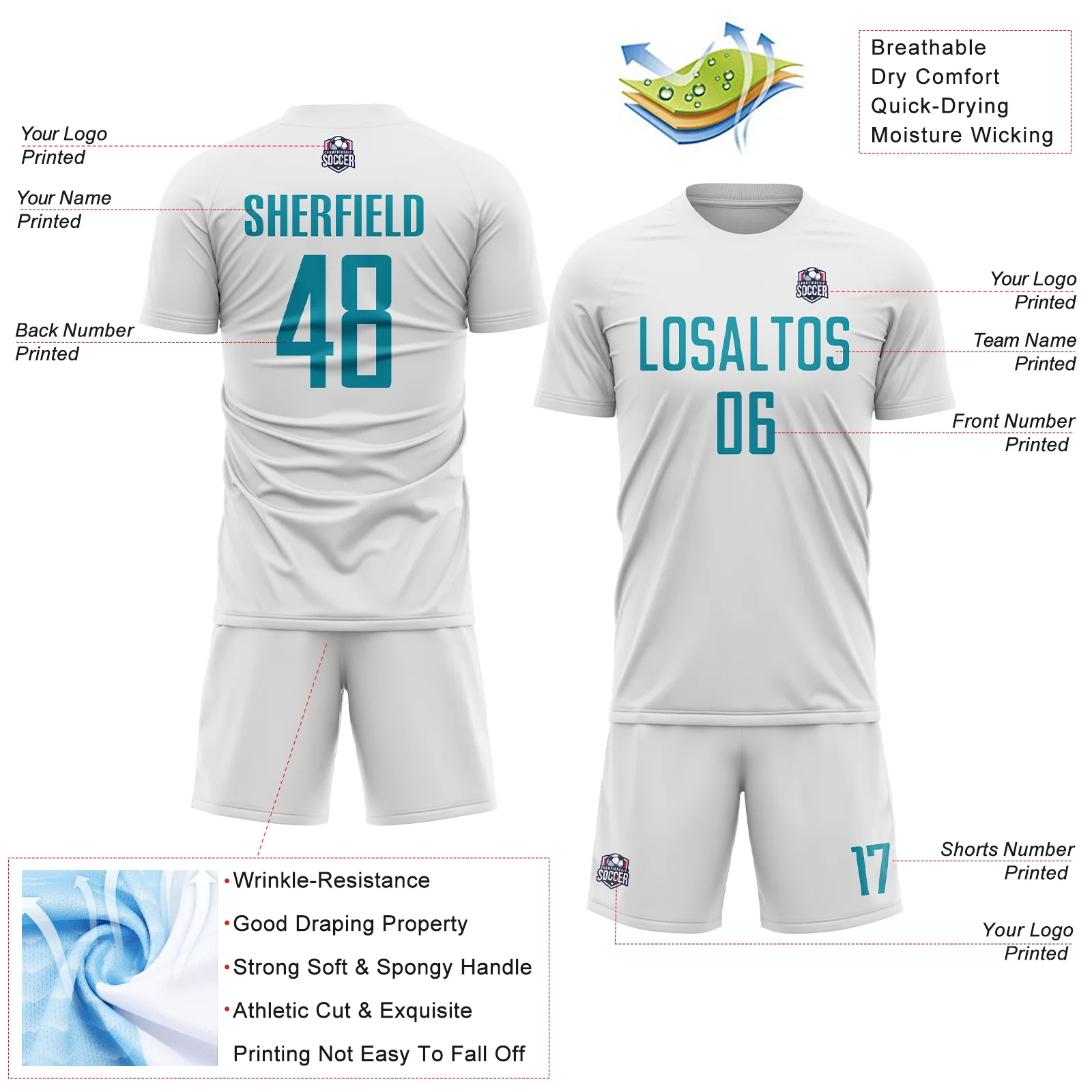 Custom White Teal Sublimation Soccer Uniform Jersey - Image 4