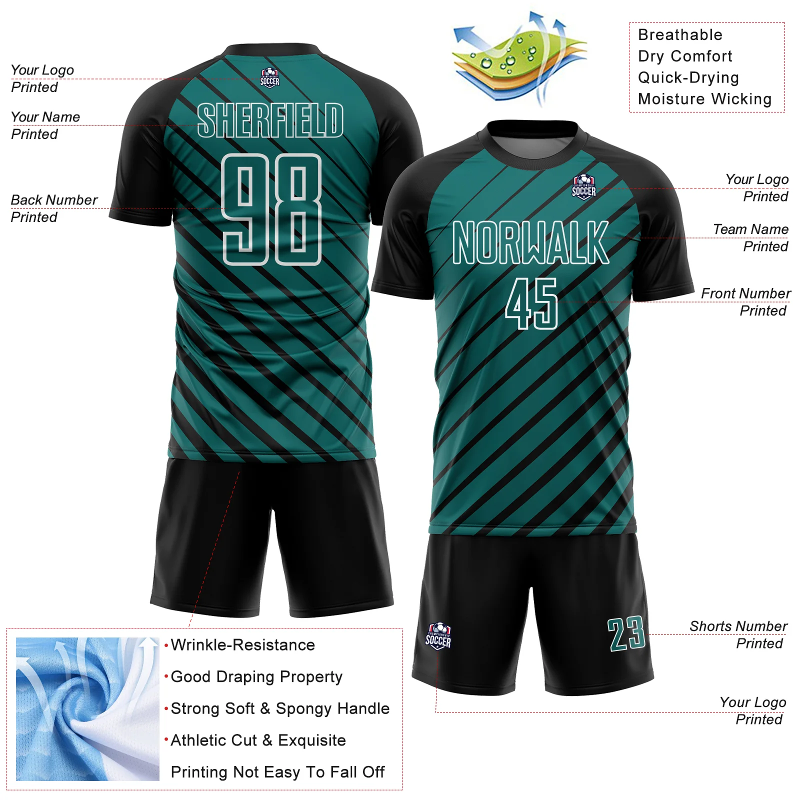 Custom Black Teal-White Lines Sublimation Soccer Uniform Jersey - Image 4