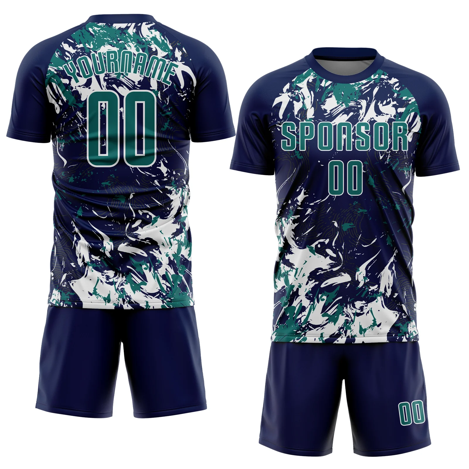 Custom Navy Teal-White Fluid Art Splash Sublimation Soccer Uniform Jersey - Image 2