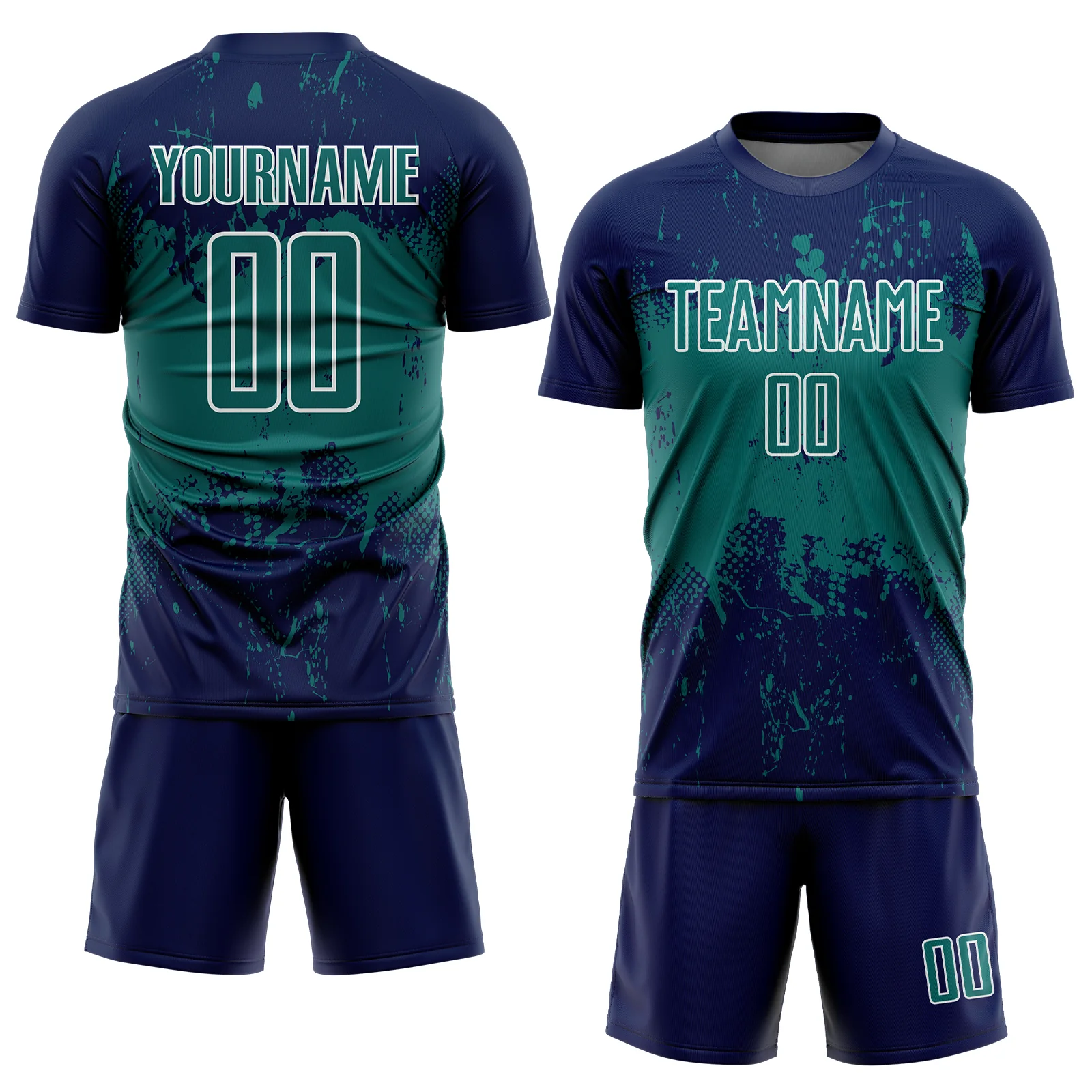 Custom Navy Teal-White Abstract Splatter Grunge Art Sports Sublimation Soccer Uniform Jersey - Image 2