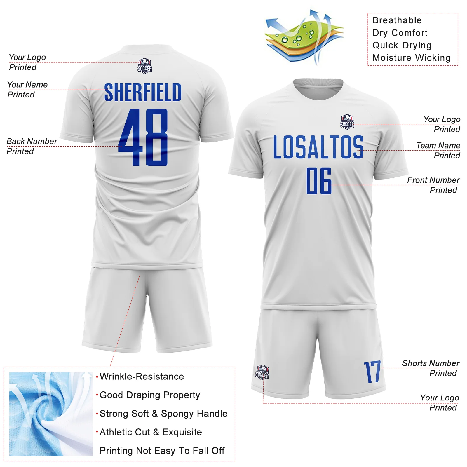 Custom White Thunder Blue Sublimation Soccer Uniform Jersey - Image 4