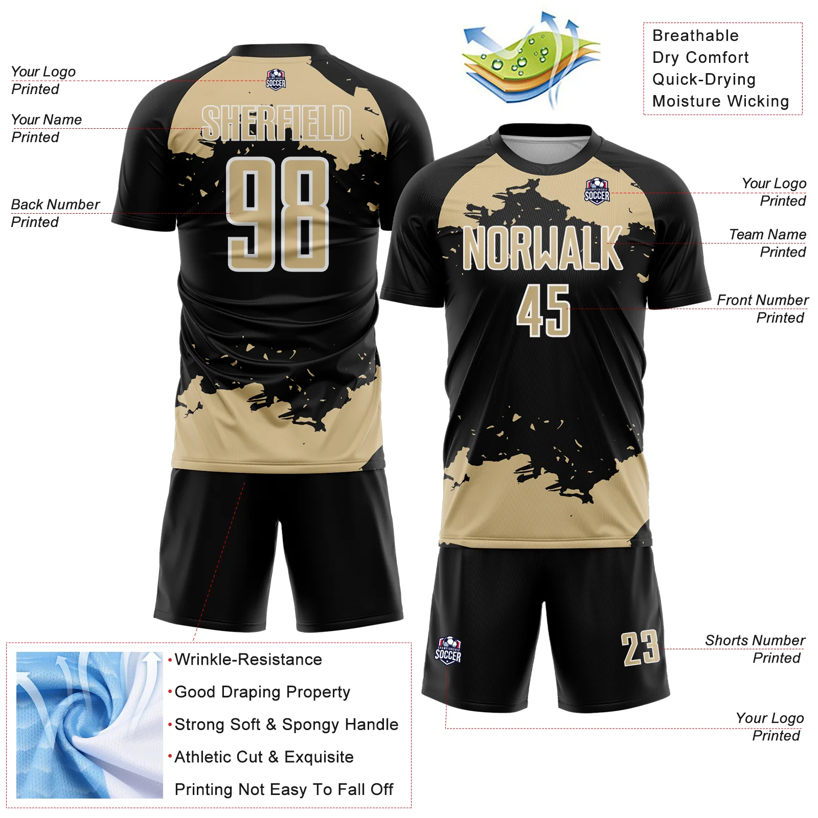Custom Black Vegas Gold-White Abstract Fragment Art Sublimation Soccer Uniform Jersey - Image 4