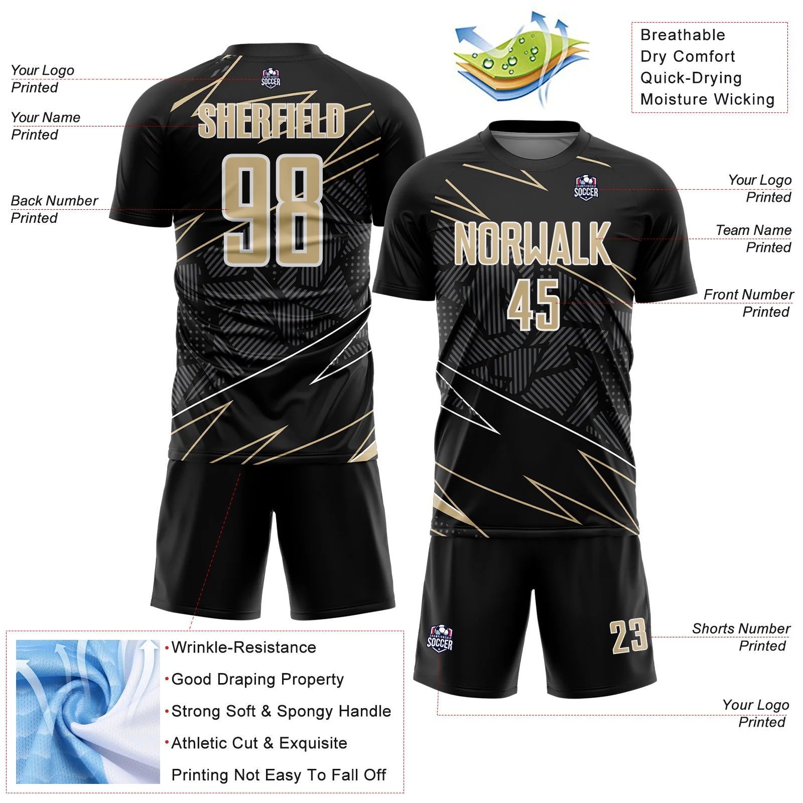 Custom Black Vegas Gold-White Lines Sports Sublimation Soccer Uniform Jersey - Image 4