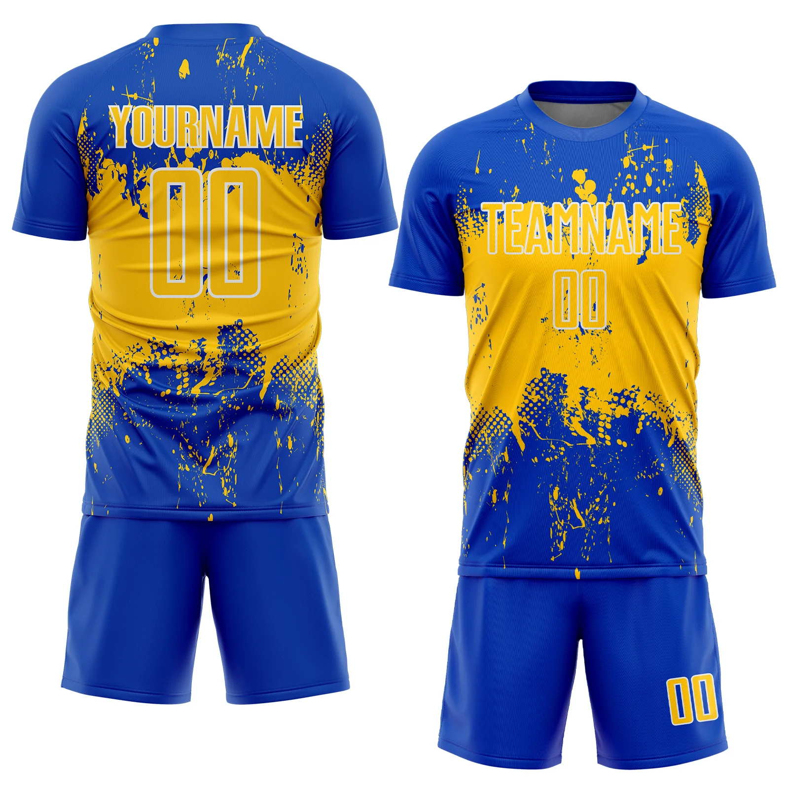 Custom Thunder Blue Yellow-White Abstract Splatter Grunge Art Sports Sublimation Soccer Uniform Jersey - Image 2
