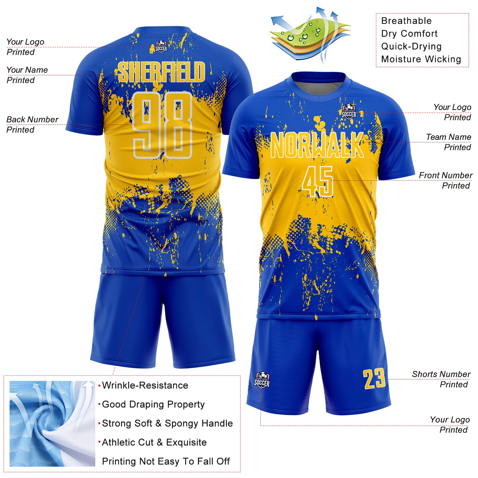 Custom Thunder Blue Yellow-White Abstract Splatter Grunge Art Sports Sublimation Soccer Uniform Jersey - Image 4