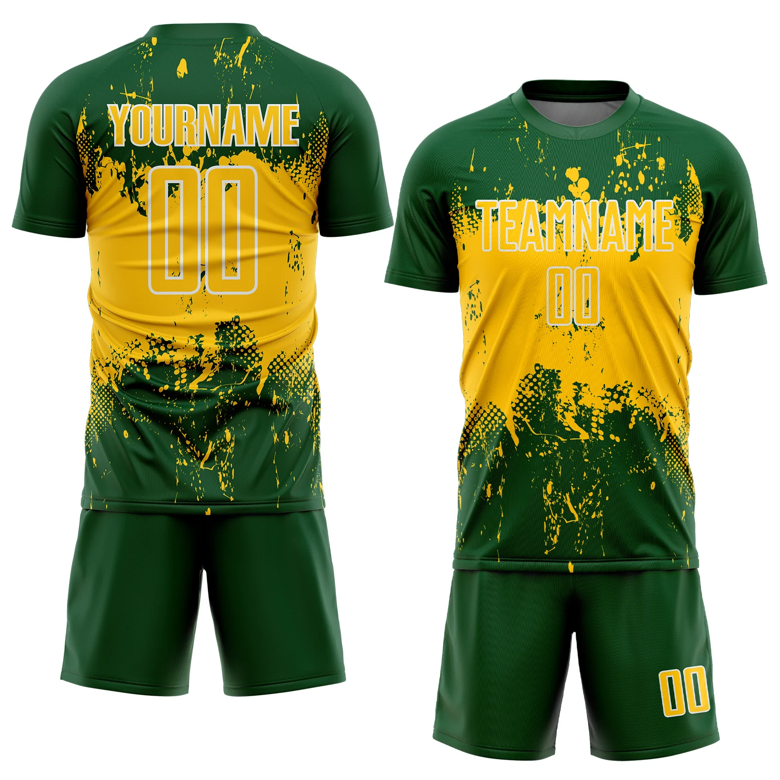 Custom Green Yellow-White Abstract Splatter Grunge Art Sports Sublimation Soccer Uniform Jersey - Image 2
