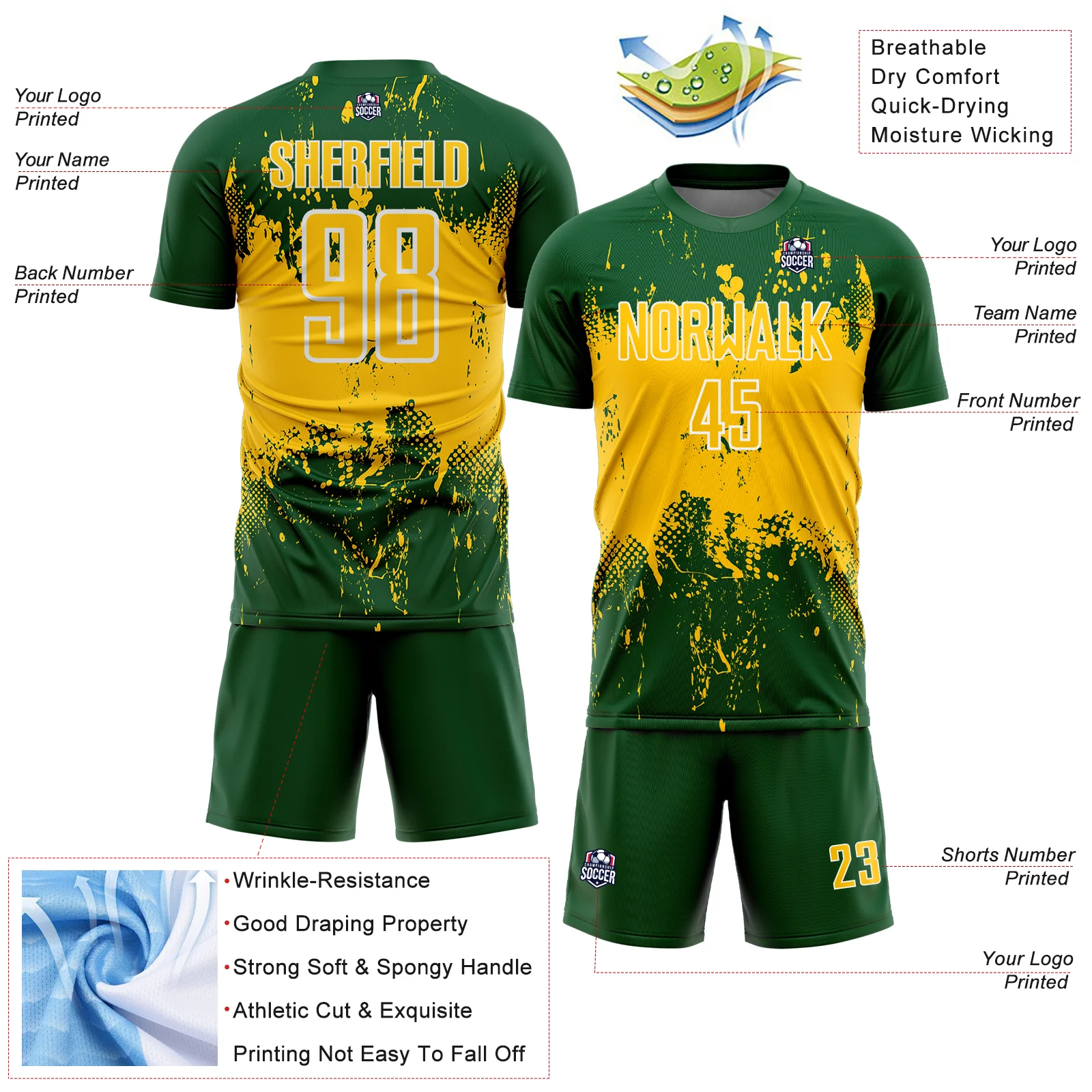 Custom Green Yellow-White Abstract Splatter Grunge Art Sports Sublimation Soccer Uniform Jersey - Image 4