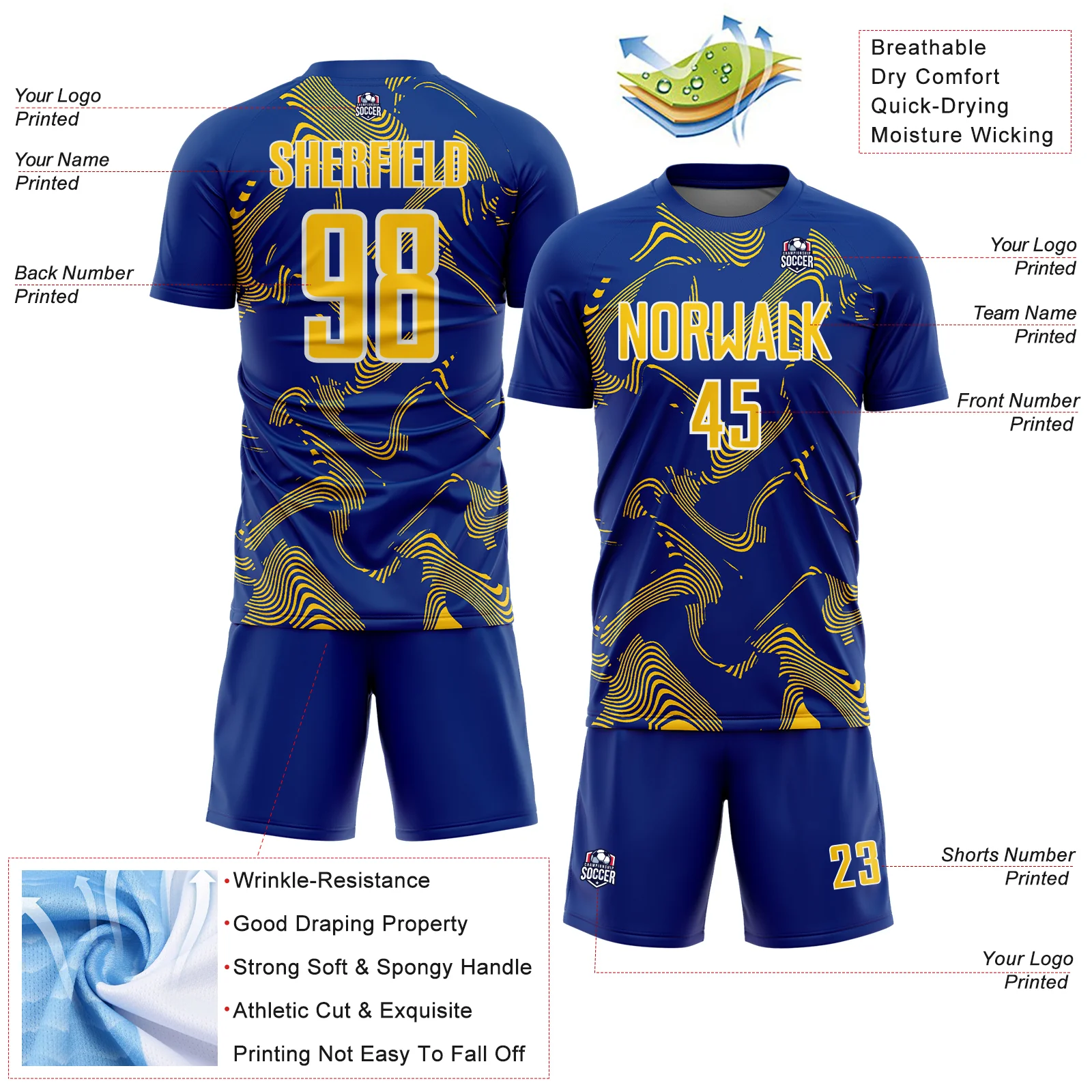 Custom Royal Yellow-White Curve Lines Sports Sublimation Soccer Uniform Jersey - Image 4