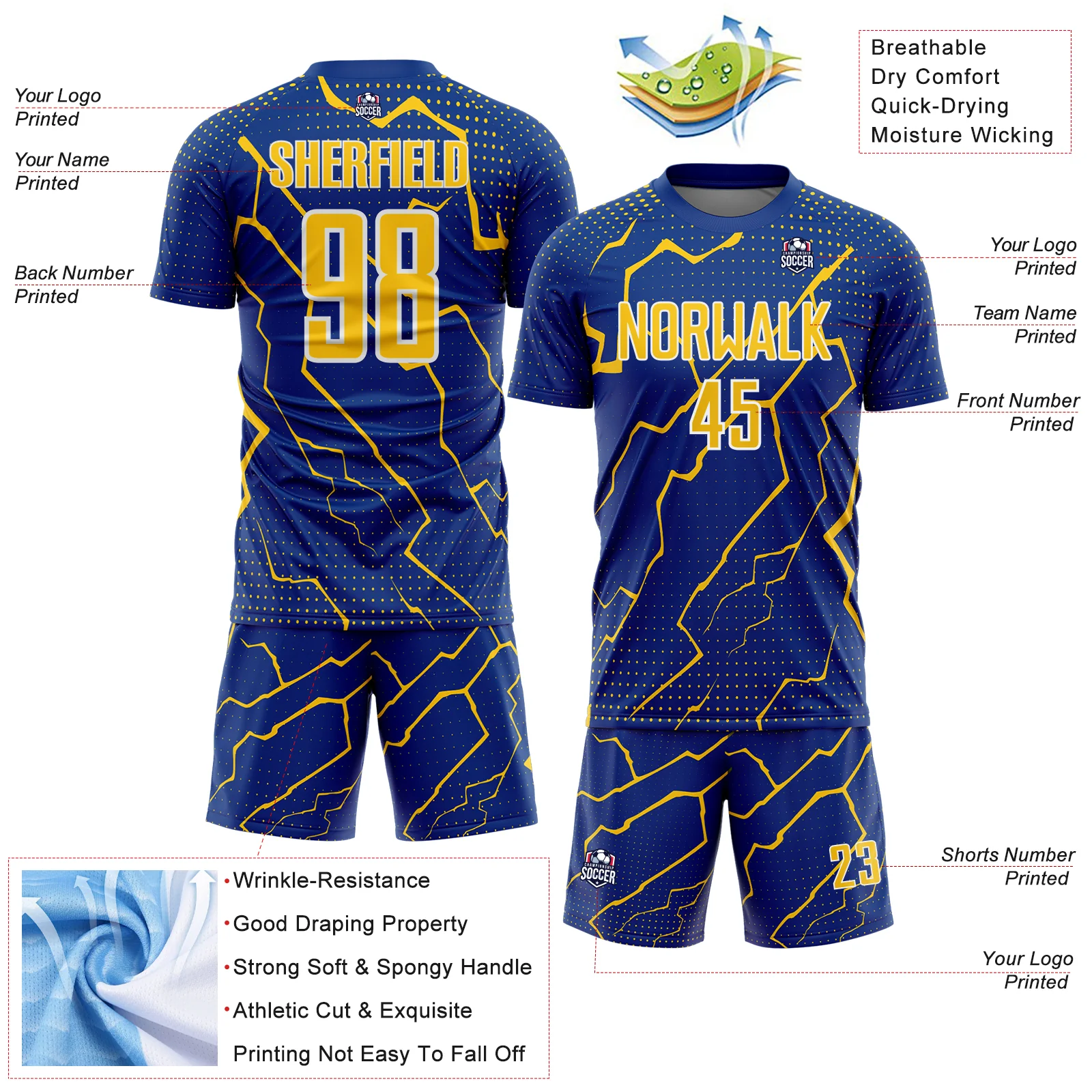 Custom Royal Yellow-White Lightning Sports Sublimation Soccer Uniform Jersey - Image 4