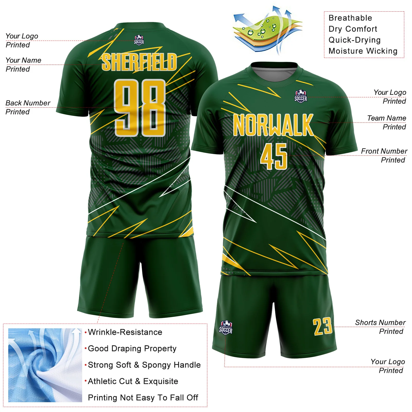 Custom Green Yellow-White Lines Sports Sublimation Soccer Uniform Jersey - Image 4