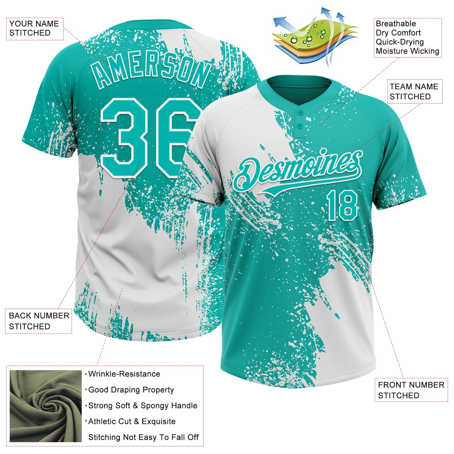 Custom White Aqua 3D Pattern Abstract Brush Stroke Two-Button Unisex Softball Jersey - Image 3