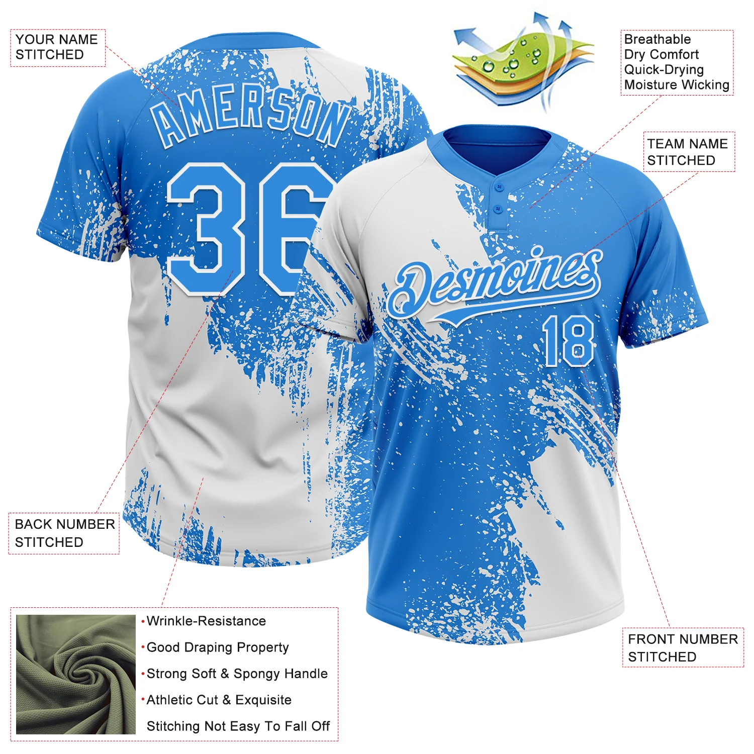 Custom White Electric Blue 3D Pattern Abstract Brush Stroke Two-Button Unisex Softball Jersey - Image 3