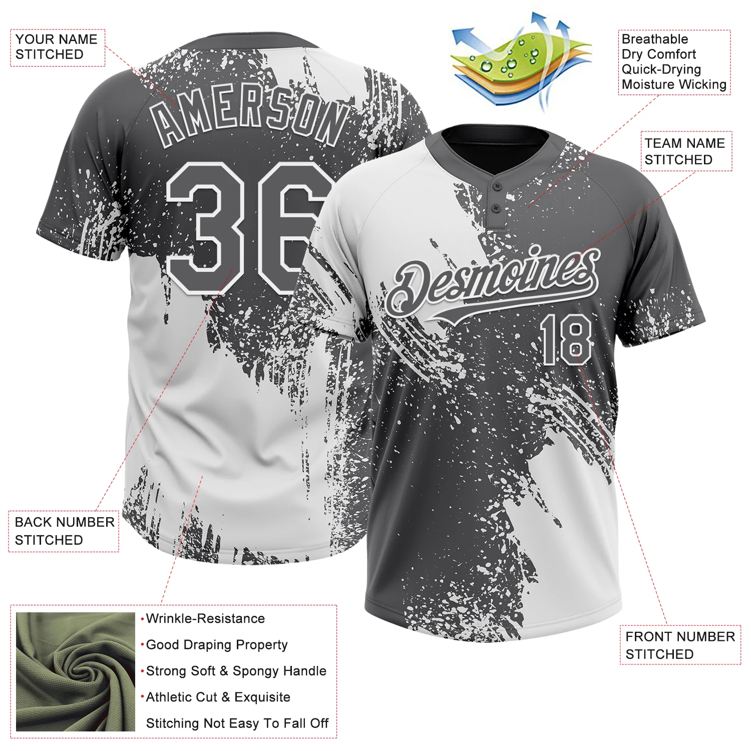 Custom White Steel Gray 3D Pattern Abstract Brush Stroke Two-Button Unisex Softball Jersey - Image 3