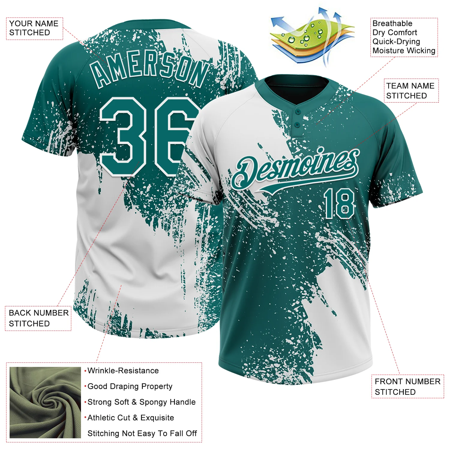Custom White Teal 3D Pattern Abstract Brush Stroke Two-Button Unisex Softball Jersey - Image 3