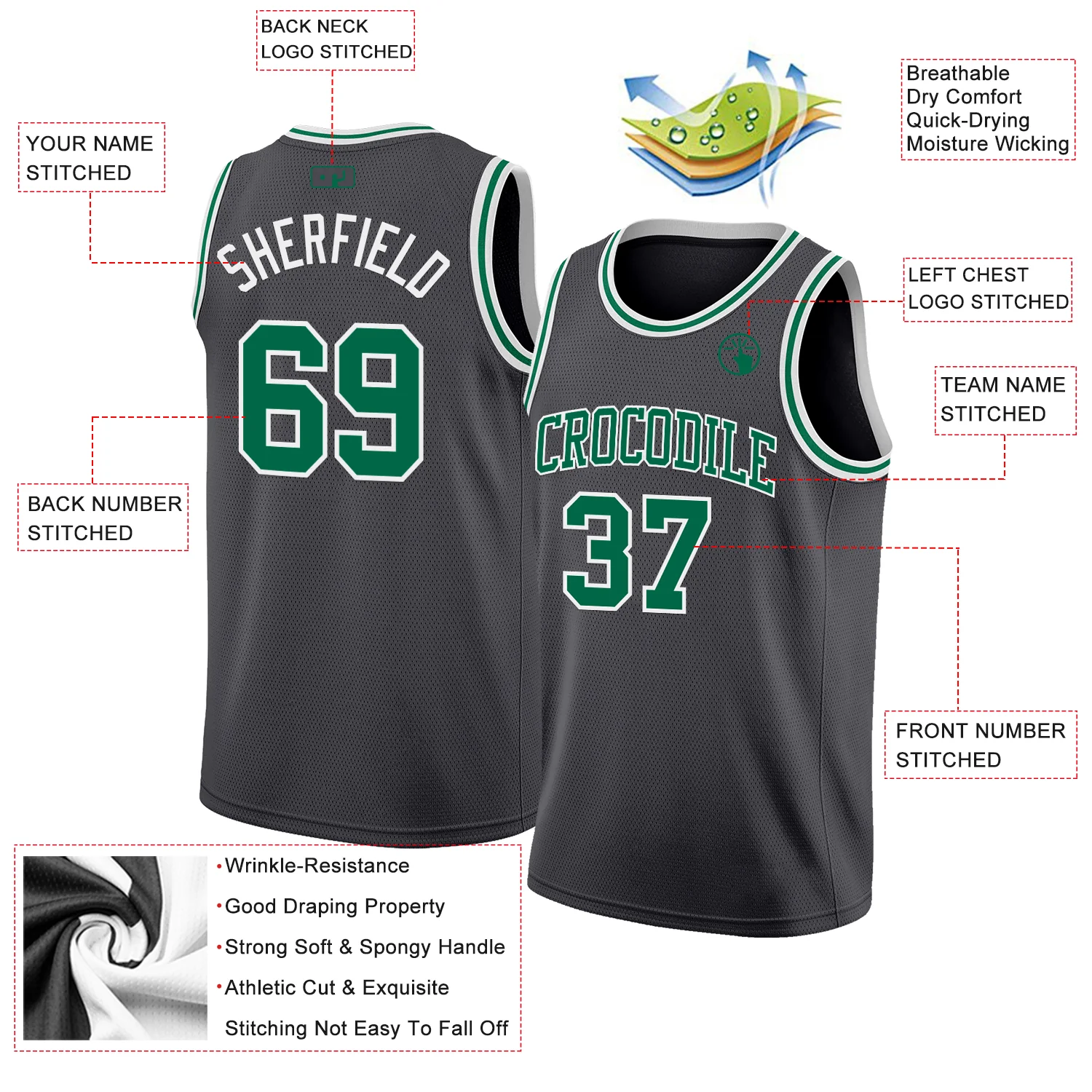 Custom Steel Gray Kelly Green-White Authentic Basketball Jersey - Image 2