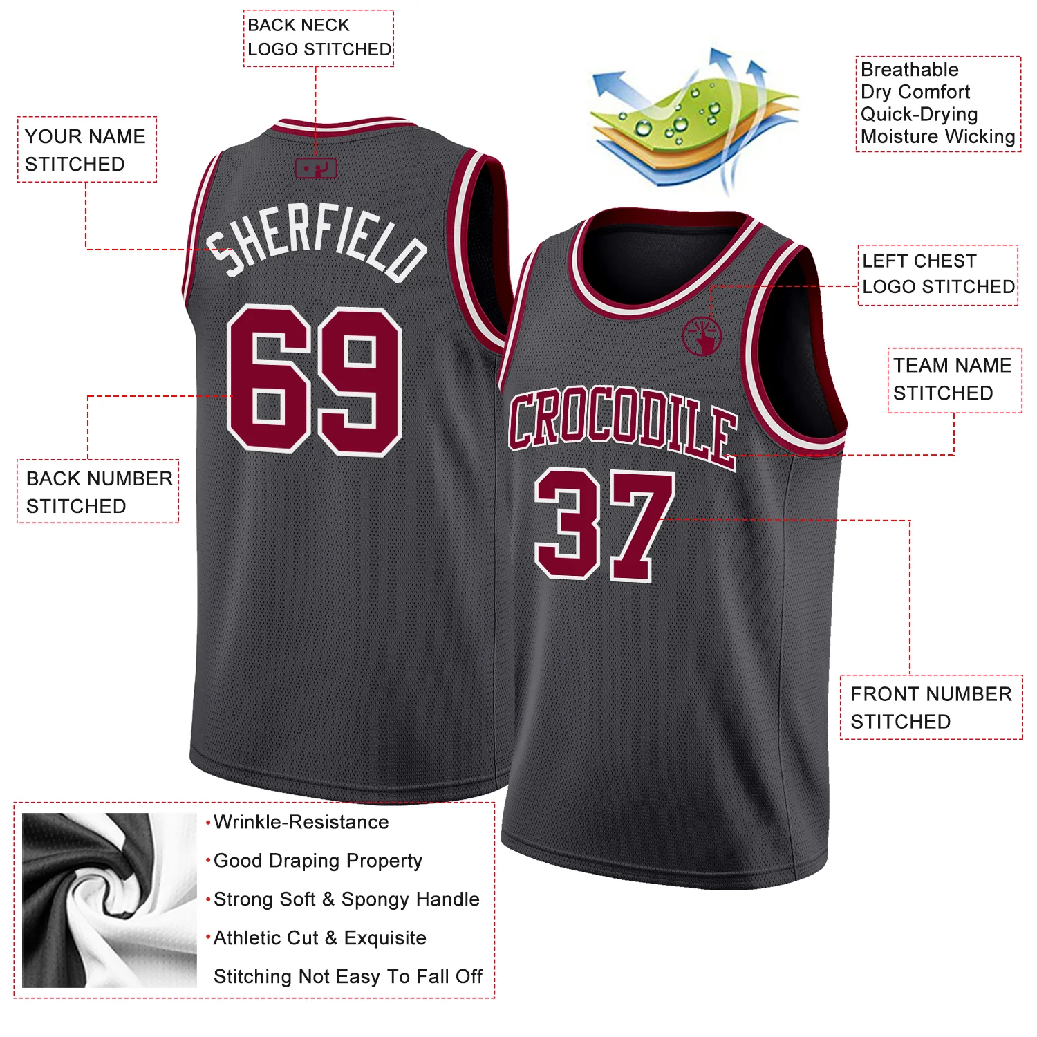 Custom Steel Gray Maroon-White Authentic Basketball Jersey - Image 2