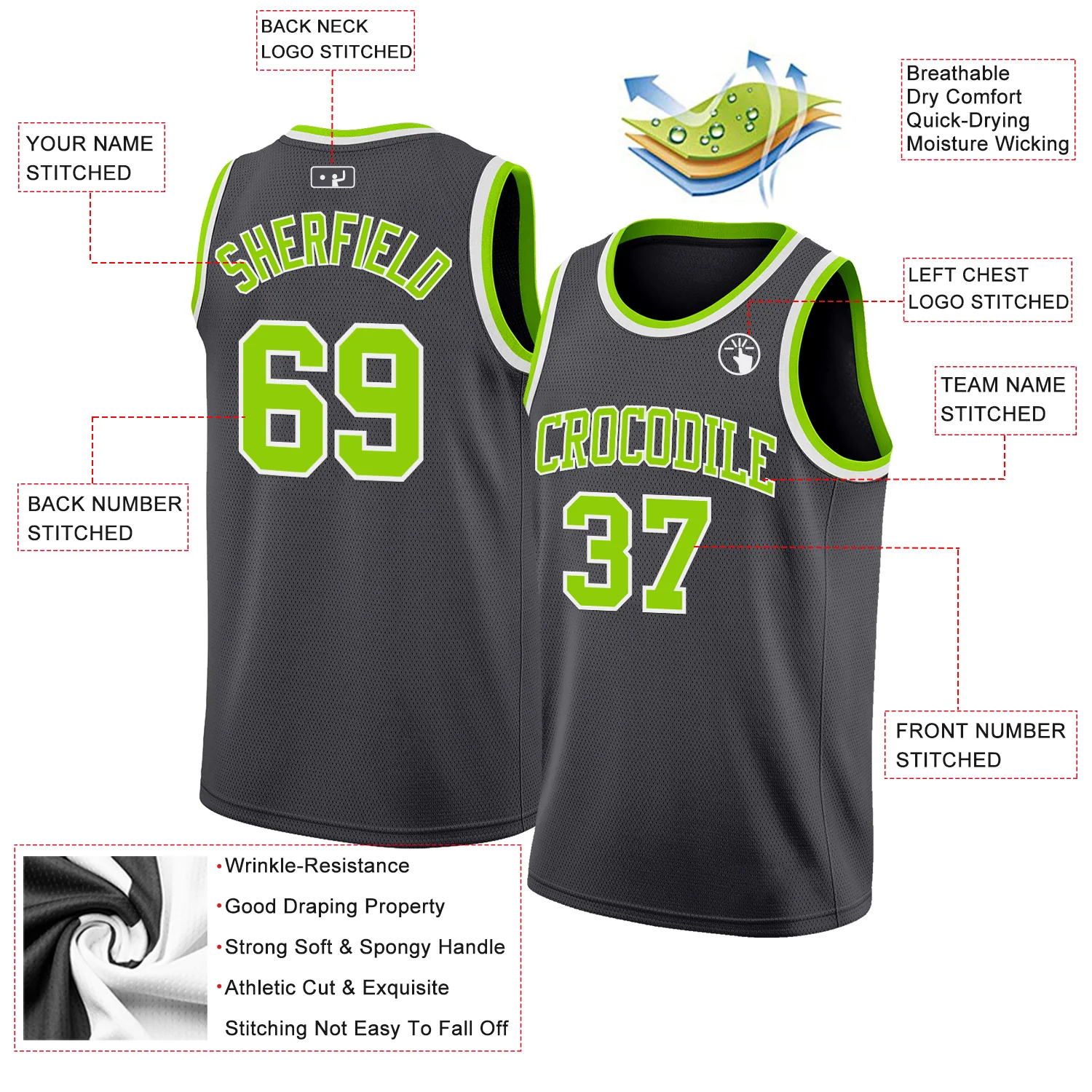 Custom Steel Gray Neon Green-White Authentic Basketball Jersey - Image 2