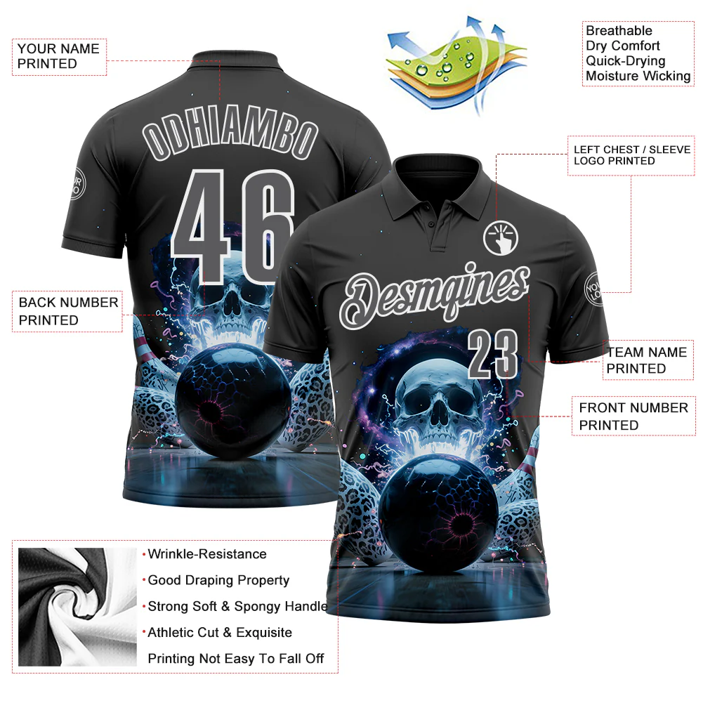 Custom Steel Gray White 3D Galaxy Leopard Print Skull Bowling Performance Polo Shirt - Image 3