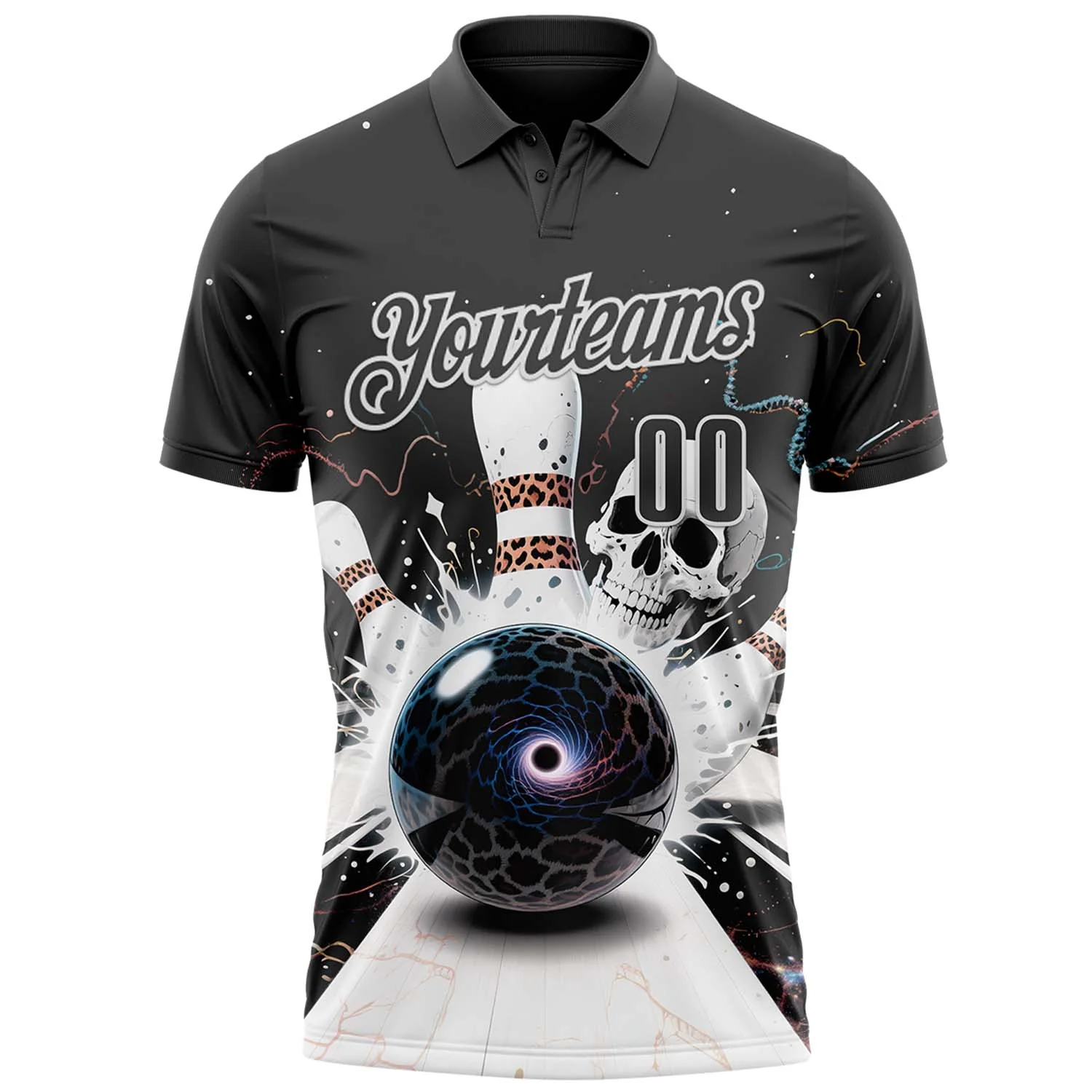 Custom Steel Gray White 3D Galaxy Leopard Print Skull Bowling Performance Polo Shirt - Image 2