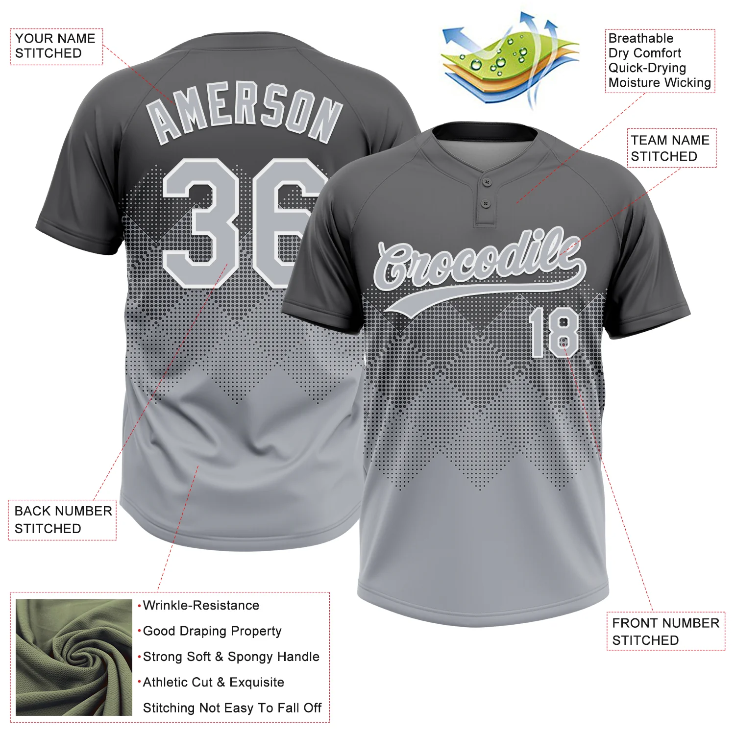 Custom Steel Gray Gray-White 3D Gradient Square Shape Two-Button Unisex Softball Jersey - Image 3