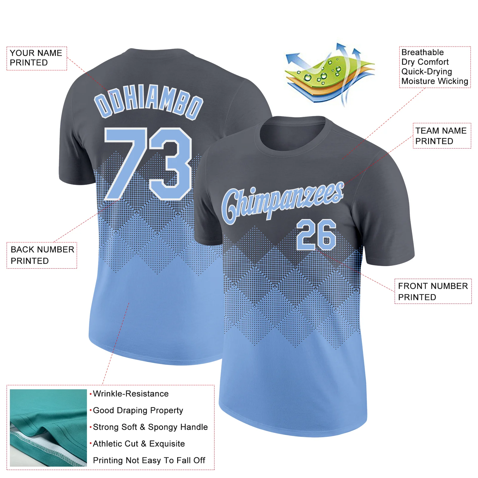 Custom Steel Gray Light Blue-White 3D Pattern Design Gradient Square Shapes Performance T-Shirt - Image 2
