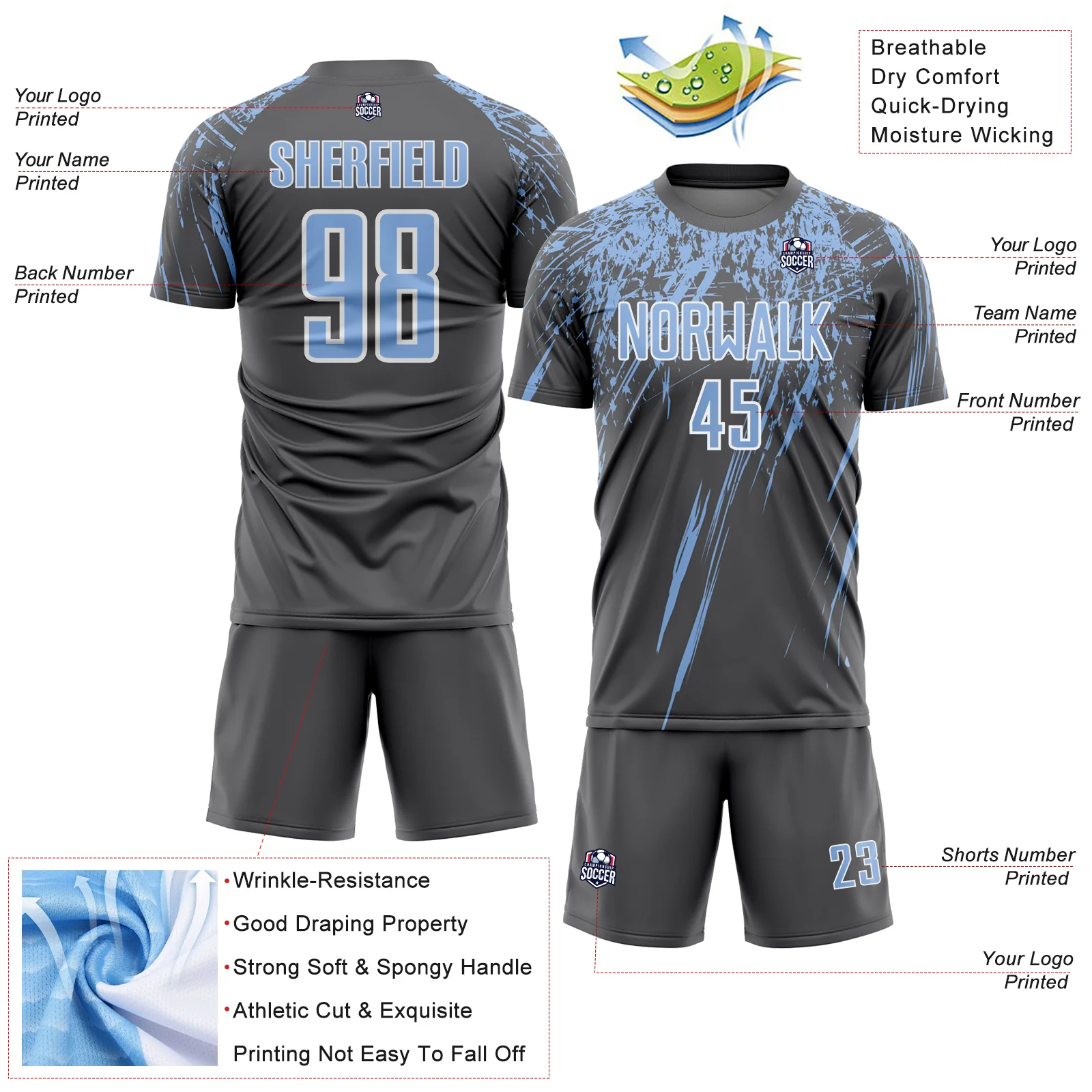 Custom Steel Gray Light Blue-White Splash Sports Sublimation Soccer Uniform Jersey - Image 4