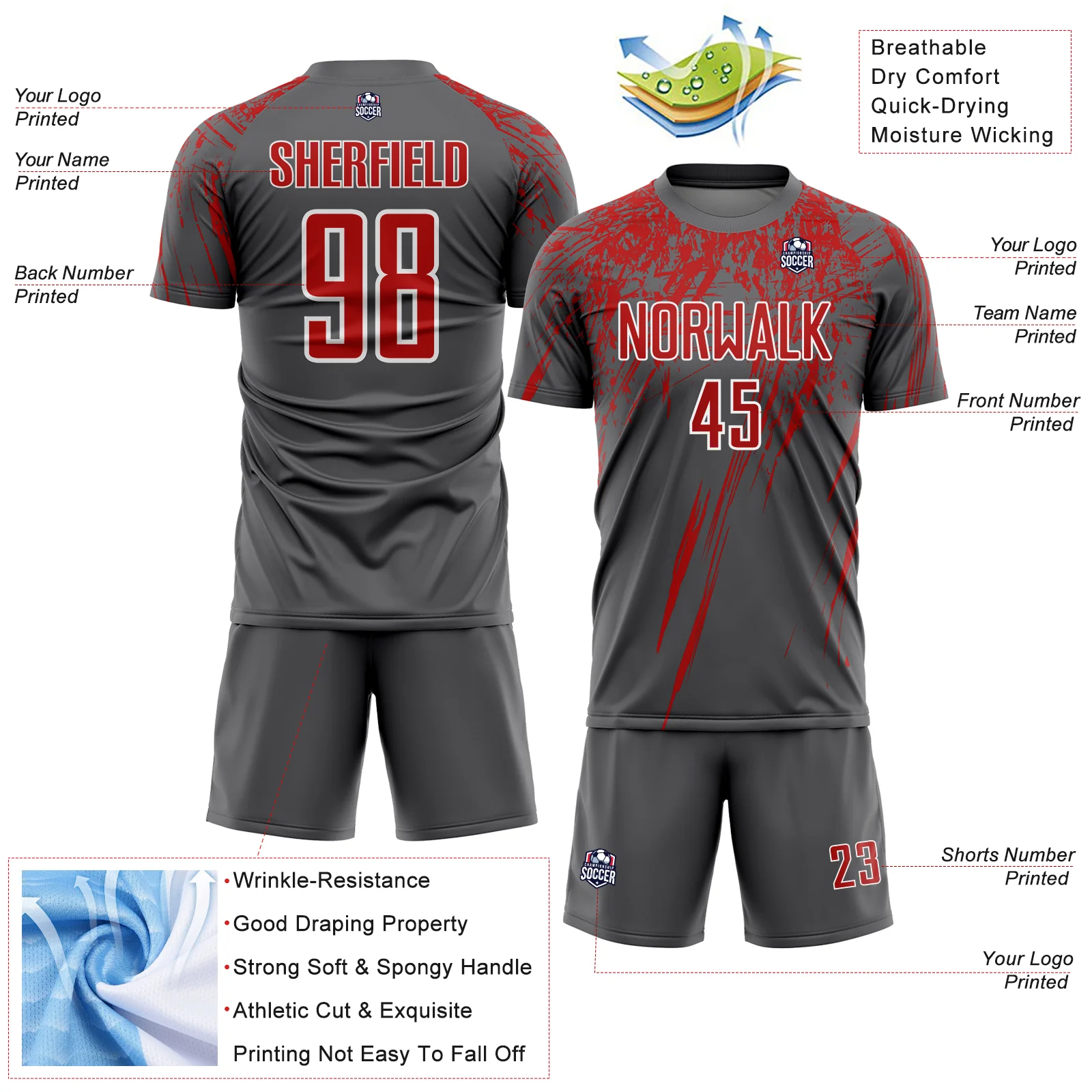 Custom Steel Gray Red-White Splash Sports Sublimation Soccer Uniform Jersey - Image 4