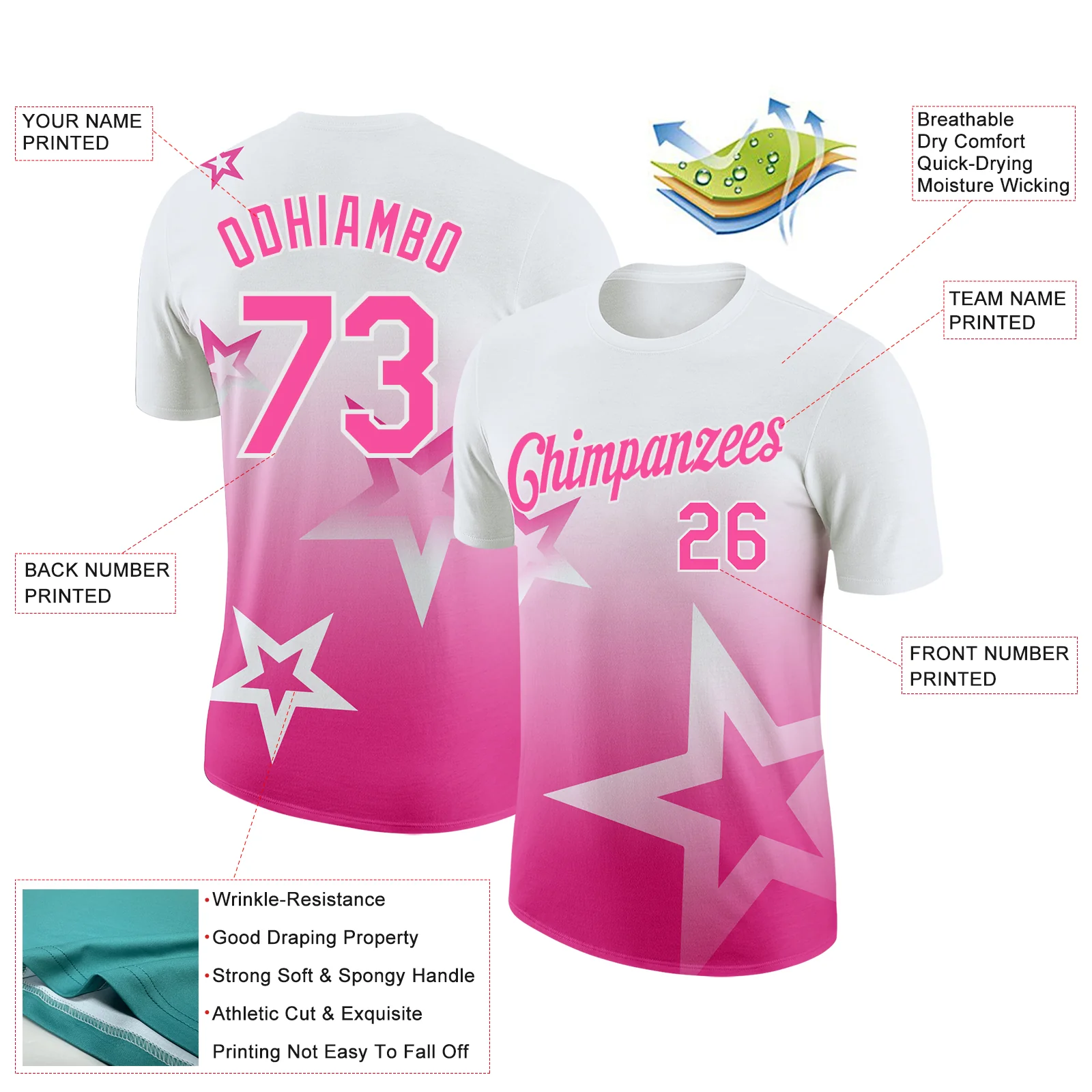 Custom White Pink 3D Pattern Design Gradient Style Twinkle Star Performance T-Shirt - Image 2