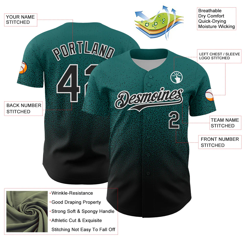 Custom Teal Black-White Fade Fashion Speckle Authentic Baseball Jersey - Image 3