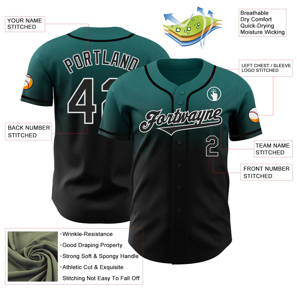 Custom Teal Black-White Authentic Fade Fashion Baseball Jersey - Image 3
