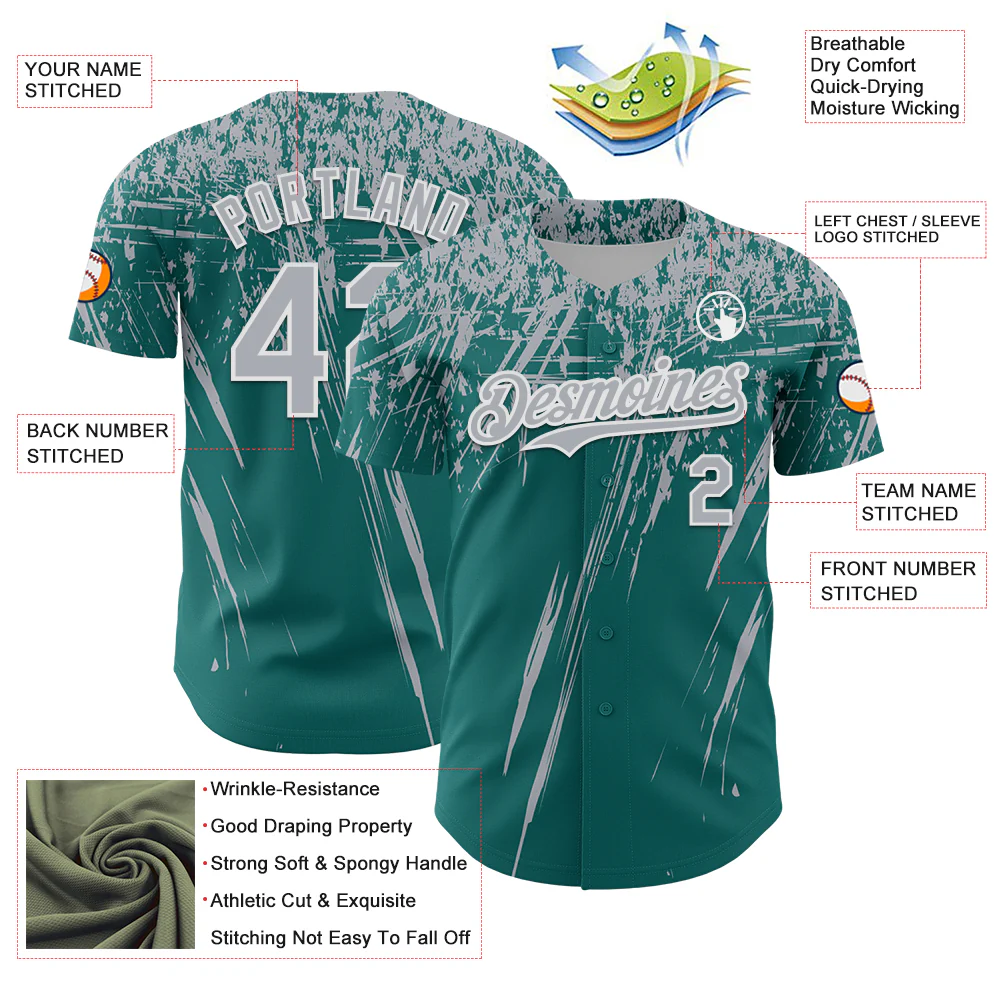 Custom Teal Gray-White Distressed Scratch Brush Stroke Authentic Baseball Jersey - Image 3