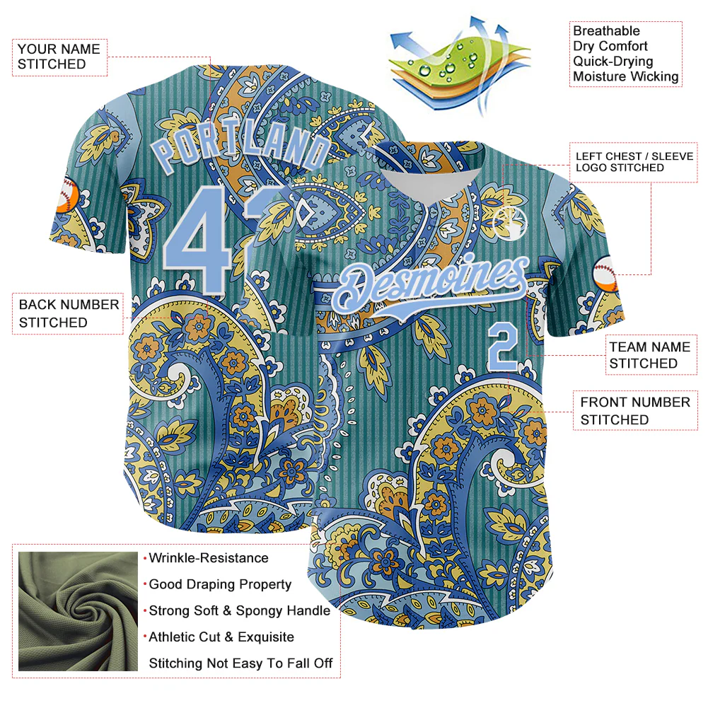 Custom Teal Light Blue-White Rave Party Ethnic Paisley Bandana Authentic Baseball Jersey - Image 3
