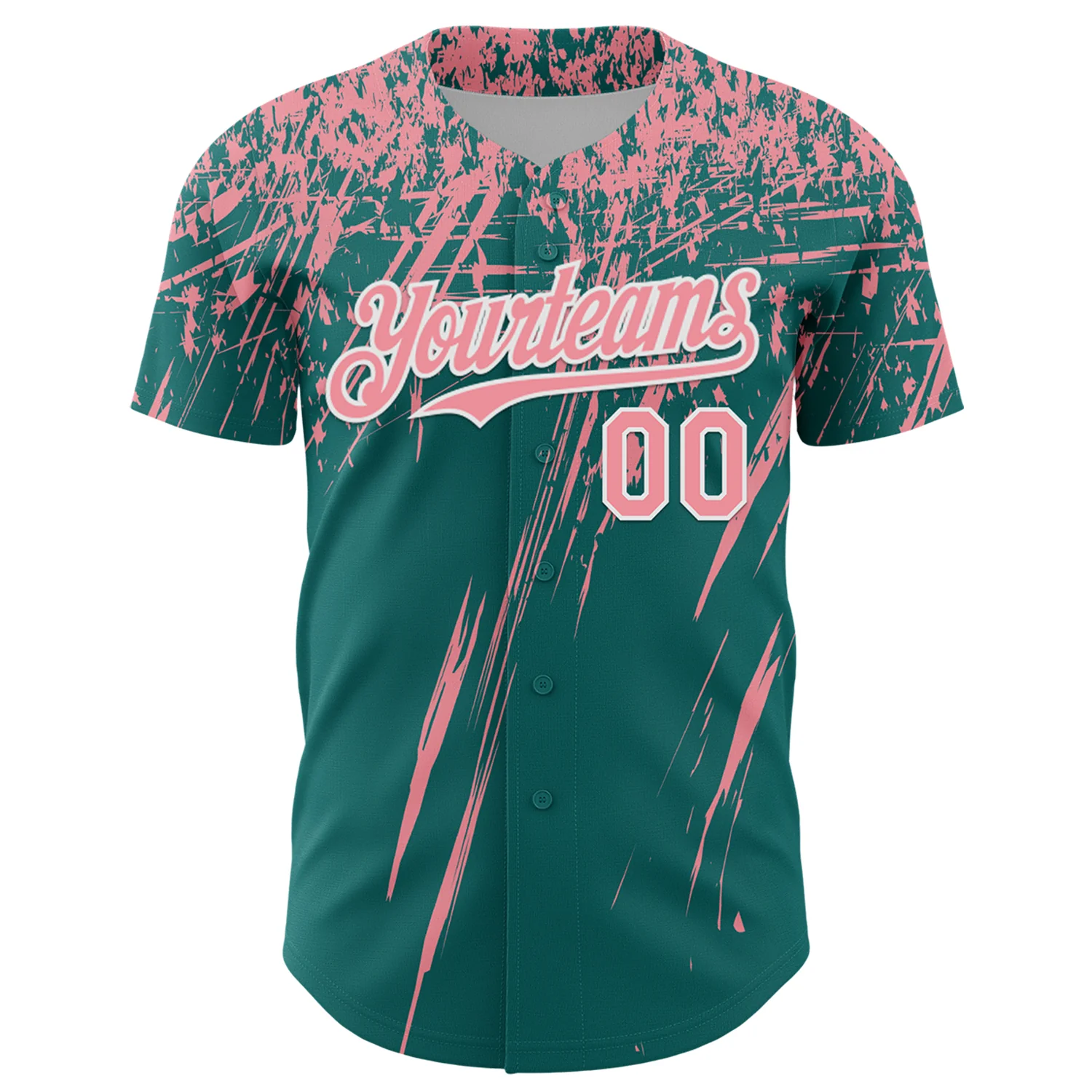 Custom Teal Medium Pink-White Distressed Scratch Brush Stroke Authentic Baseball Jersey - Image 2