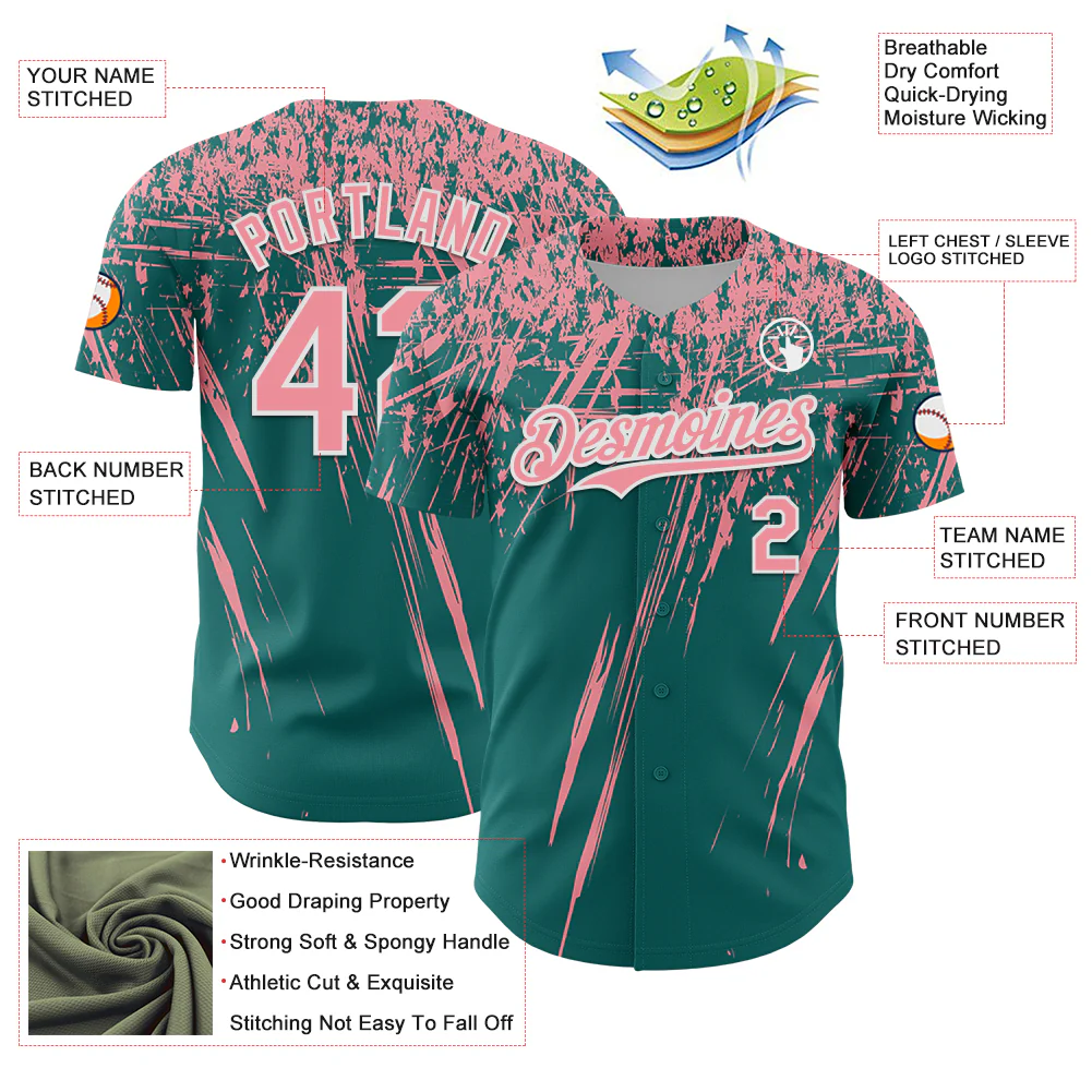 Custom Teal Medium Pink-White Distressed Scratch Brush Stroke Authentic Baseball Jersey - Image 3