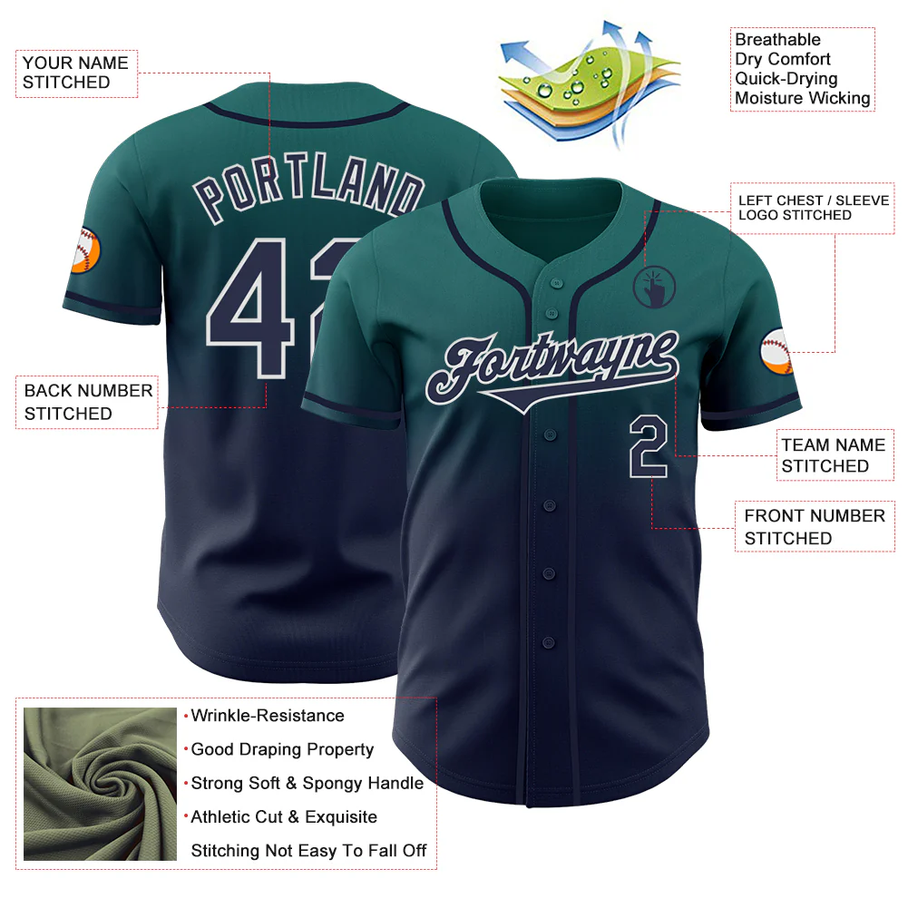 Custom Teal Navy-White Authentic Fade Fashion Baseball Jersey - Image 3