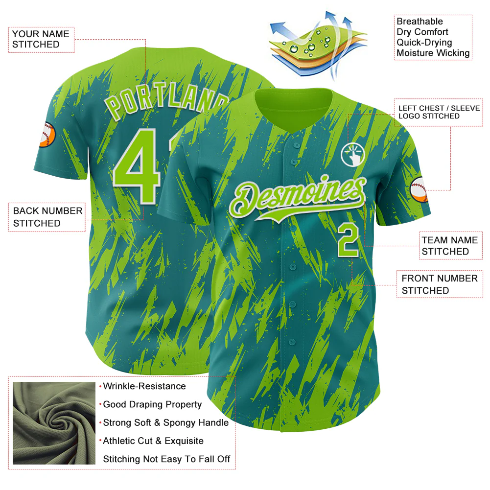 Custom Teal Neon Green-White Splatter Torn Sharp Brush Stroke Authentic Baseball Jersey - Image 3