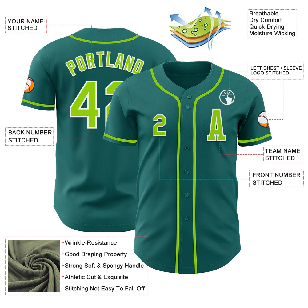 Custom Teal Neon Green-White Authentic Baseball Jersey - Image 2