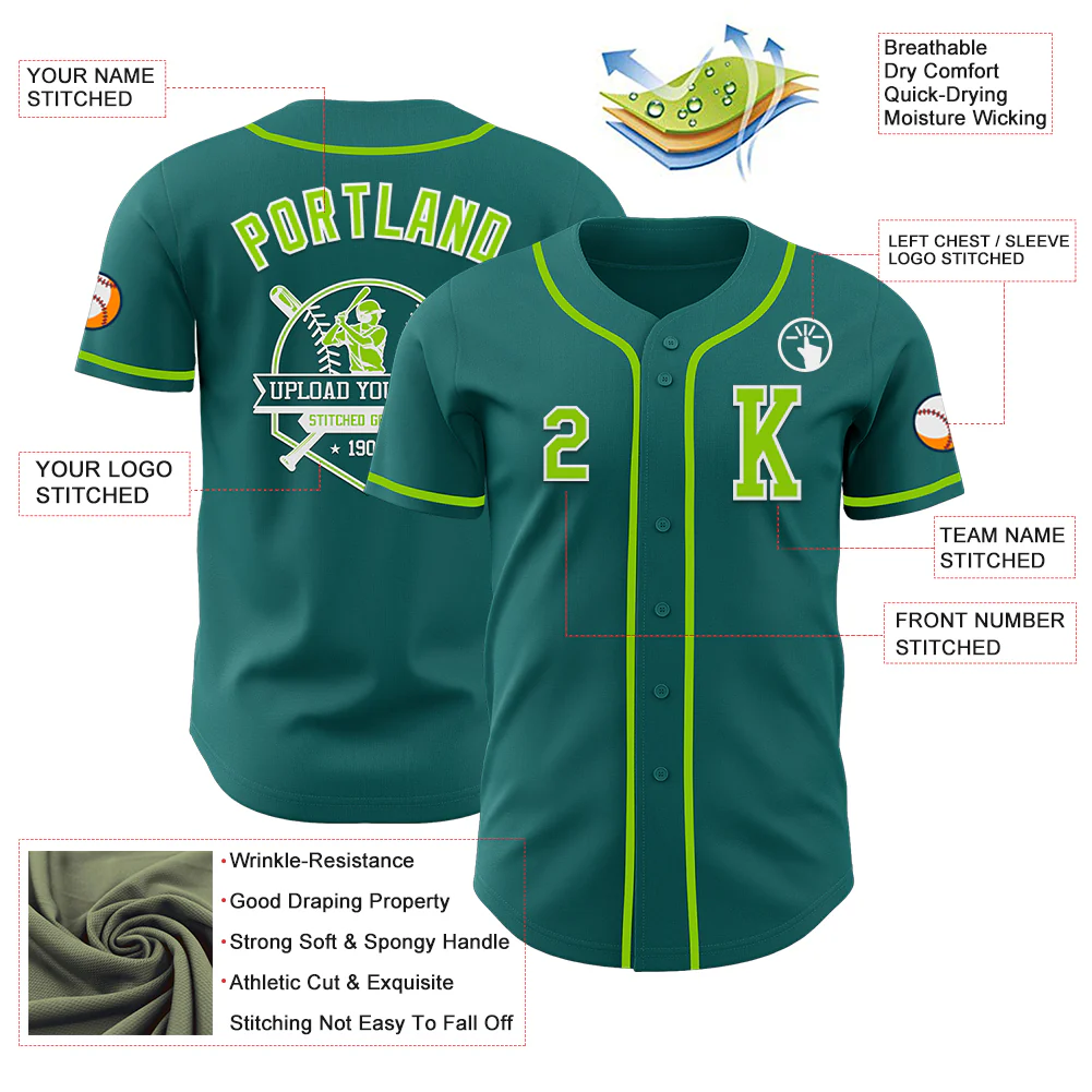 Custom Teal Neon Green-White Authentic Baseball Jersey - Image 6